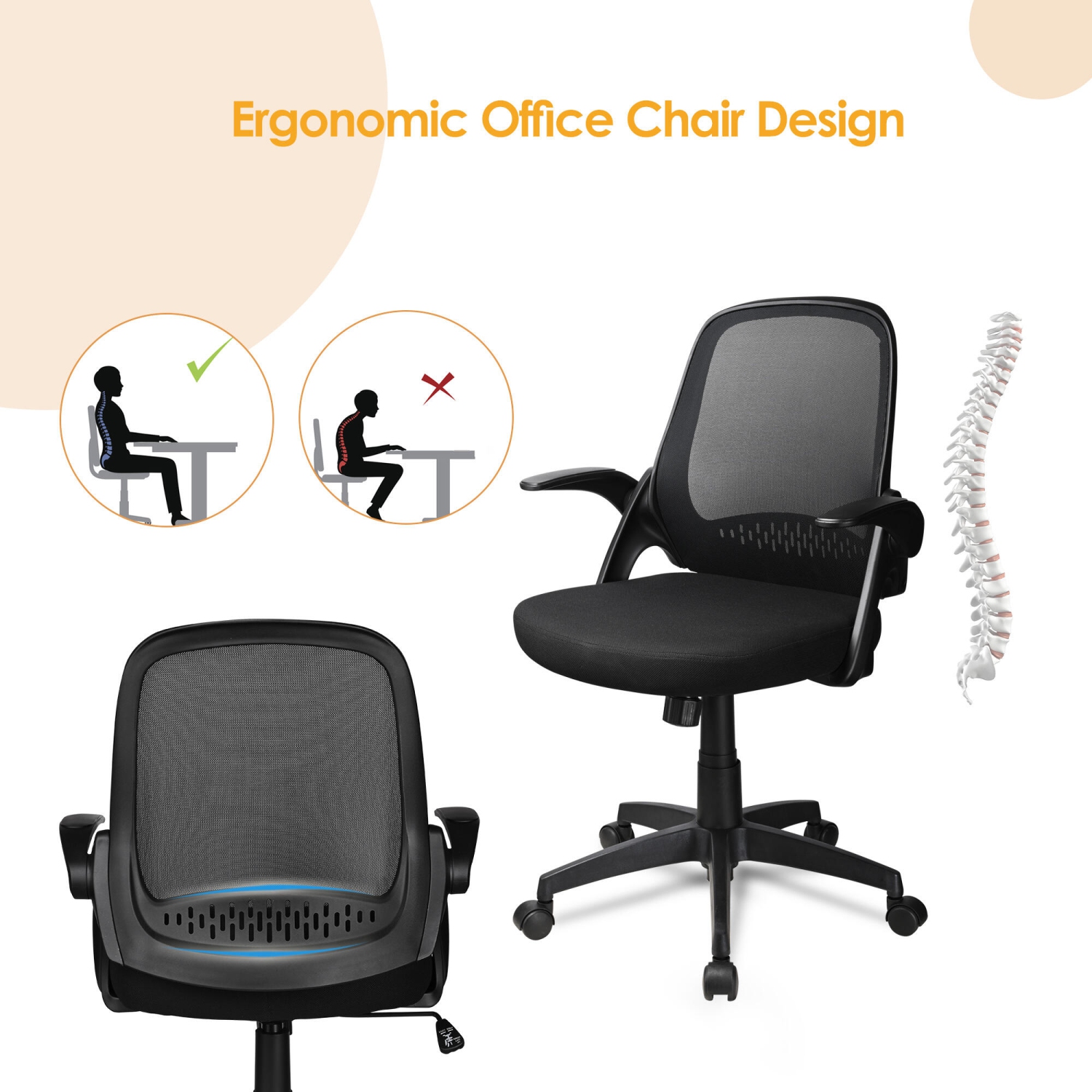 Office Chair with Flip-up Armrests, Swivel Desk Chair Task Chair for Home Conference Room, Black