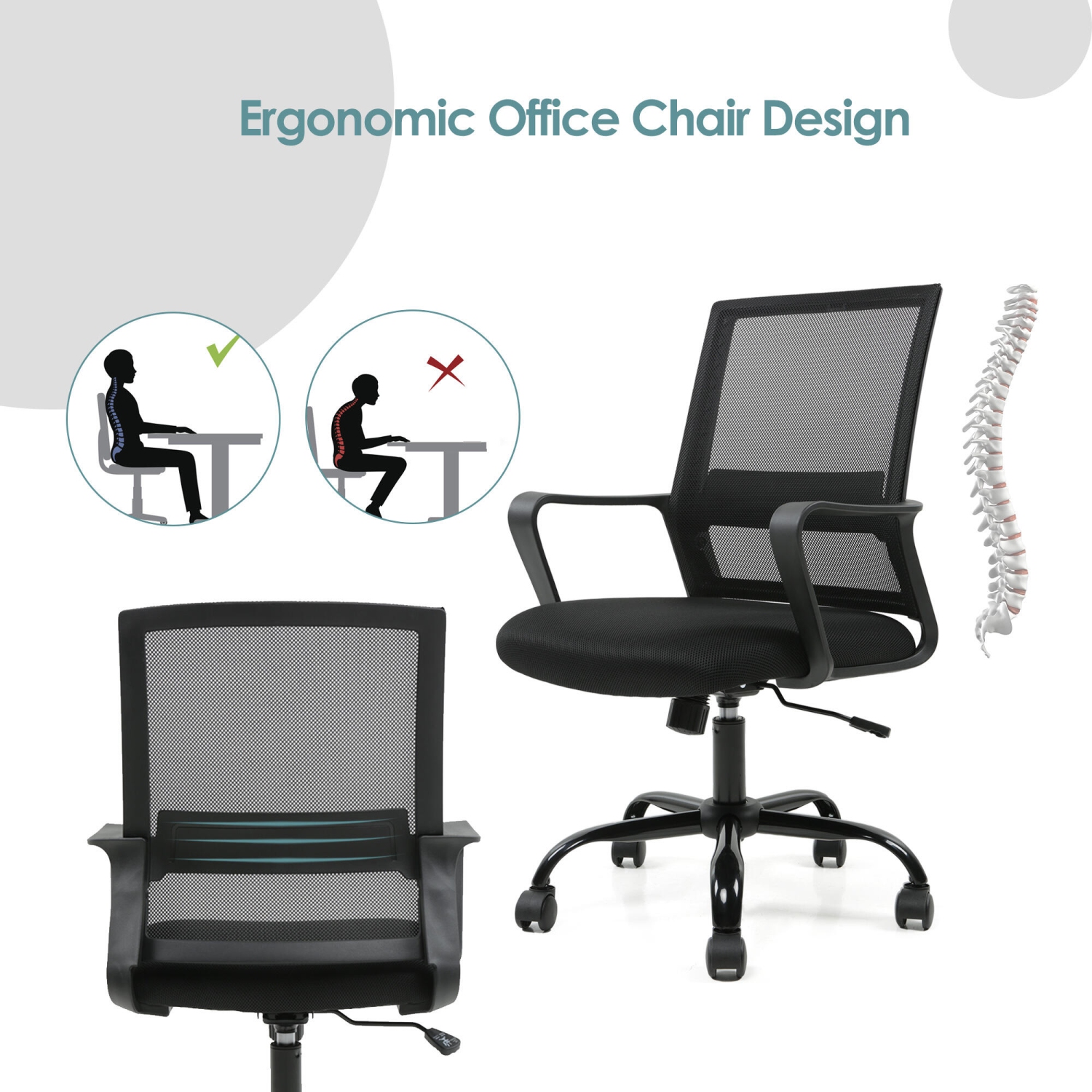 Moustache Office Chair, Computer Desk Chair with Armrest and Height Adjustable, Mid Back Mesh Task Chair