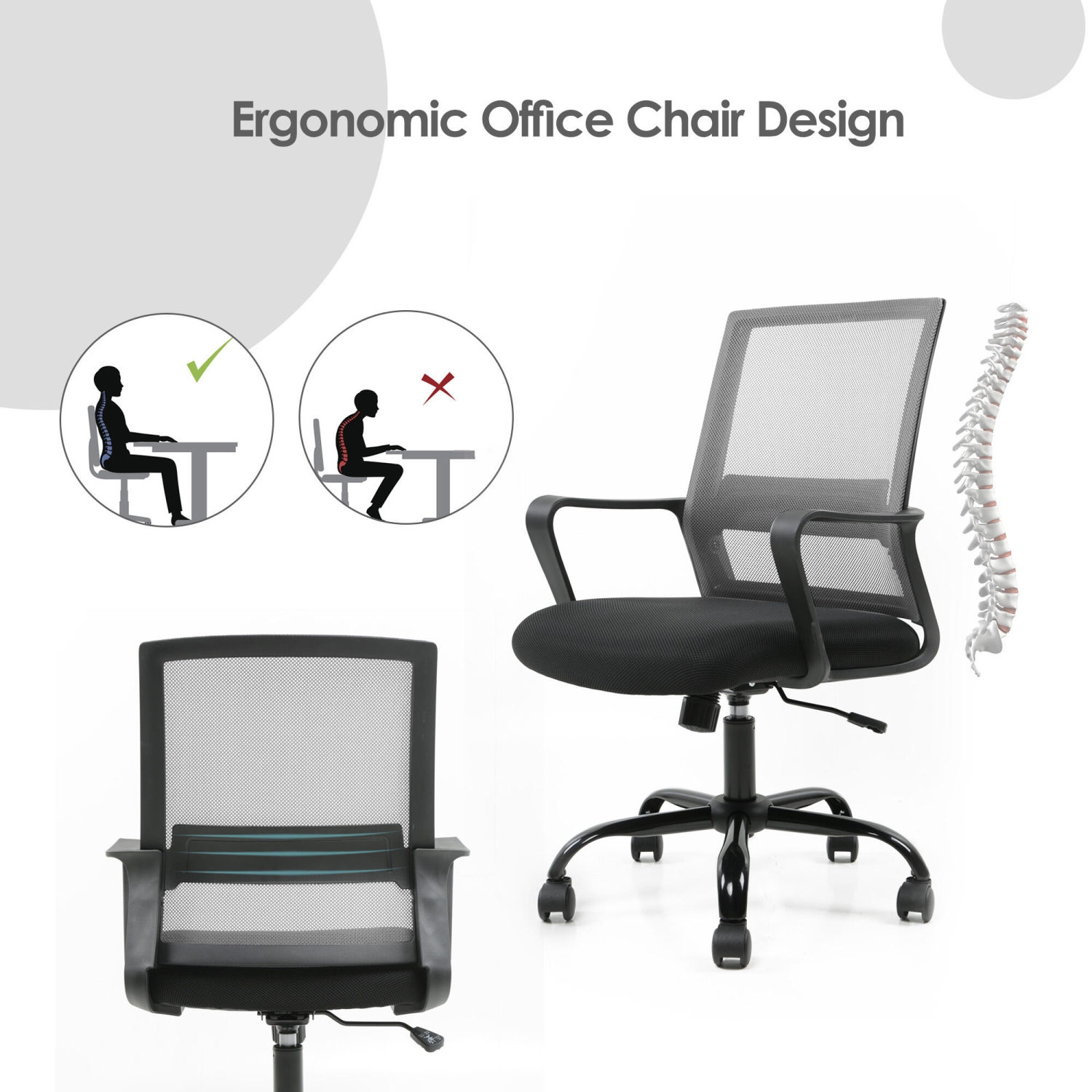 Height Adjustable Office Chair, Ergonomic Mid-Back Task Chair Computer Desk Chair Hold up to 250lbs, Grey