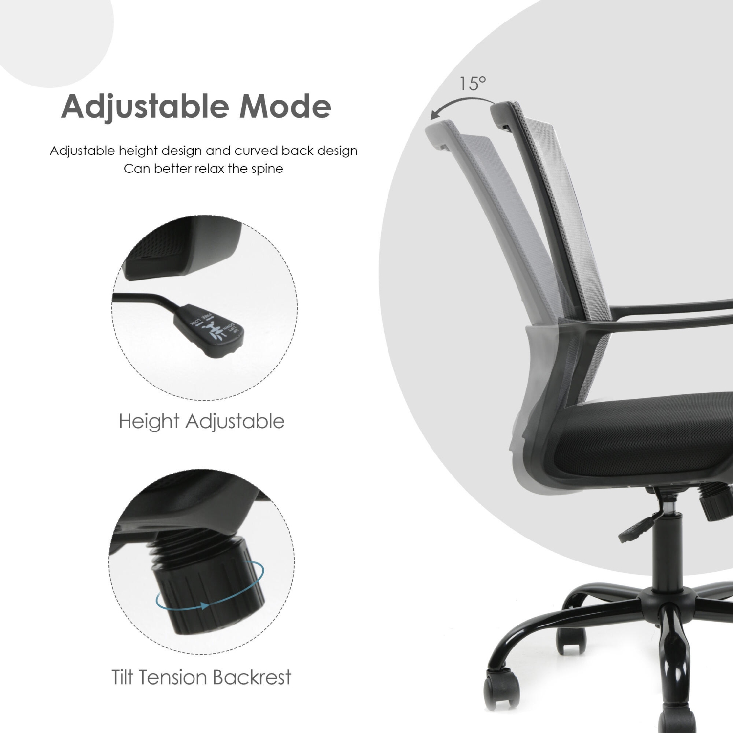 Height Adjustable Office Chair, Ergonomic Mid-Back Task Chair Computer Desk Chair Hold up to 250lbs, Grey