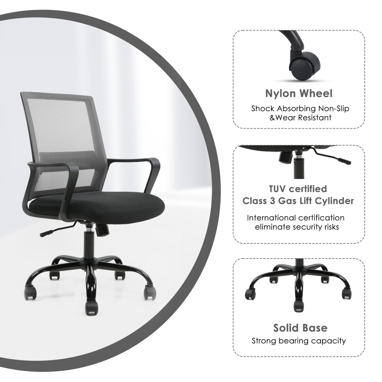 Height Adjustable Office Chair, Ergonomic Mid-Back Task Chair Computer Desk Chair Hold up to 250lbs, Grey