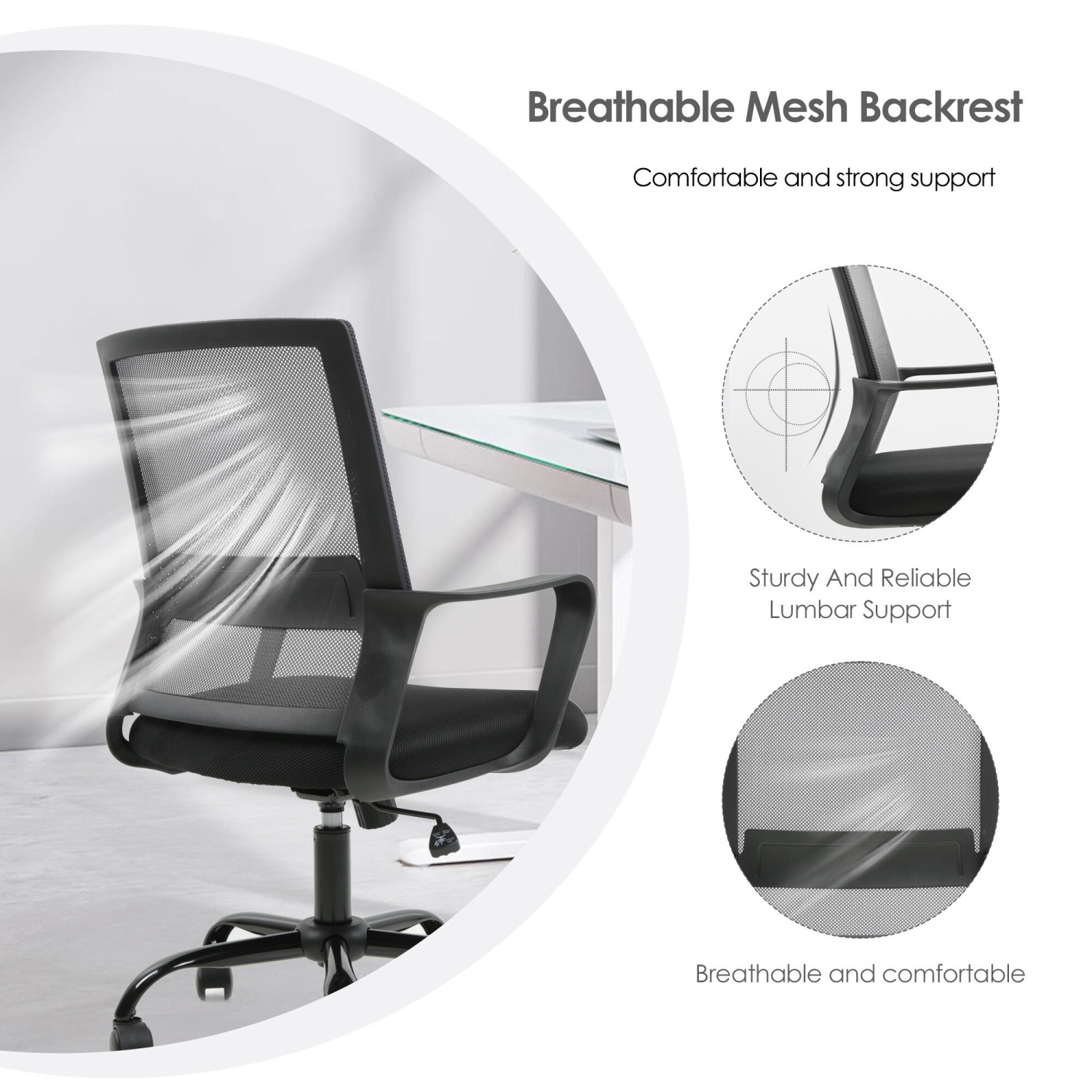 Height Adjustable Office Chair, Ergonomic Mid-Back Task Chair Computer Desk Chair Hold up to 250lbs, Grey