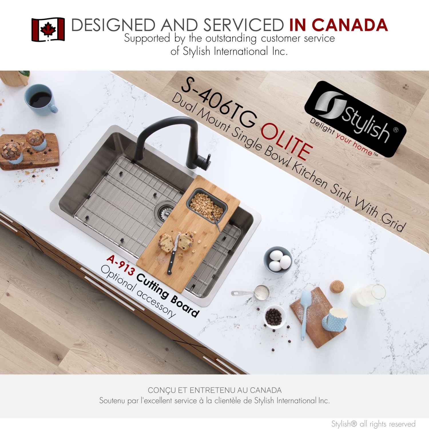 Stylish Dual-Mount 27" Stainless Steel Single Bowl Kitchen Sink with grid and strainer S-406TG