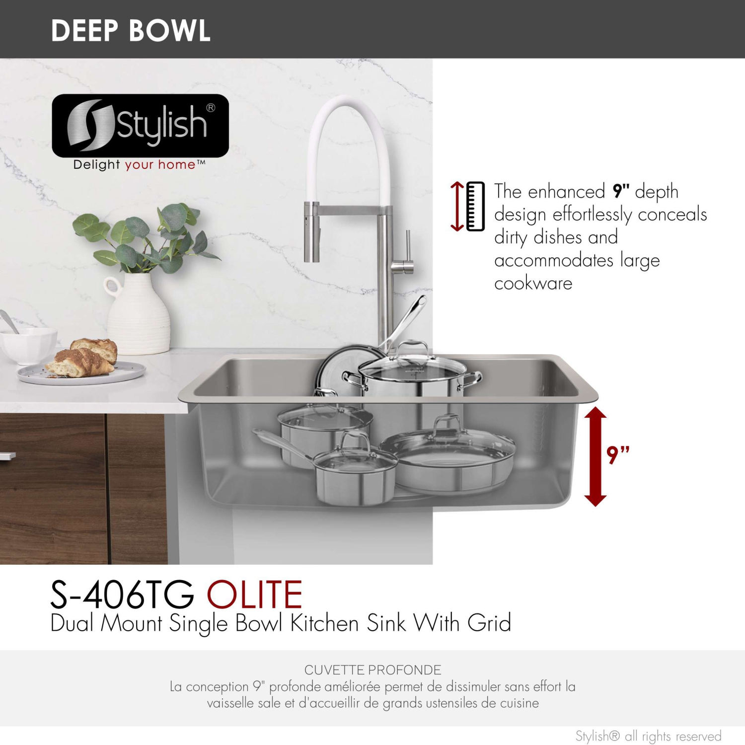 Stylish Dual-Mount 27" Stainless Steel Single Bowl Kitchen Sink with grid and strainer S-406TG