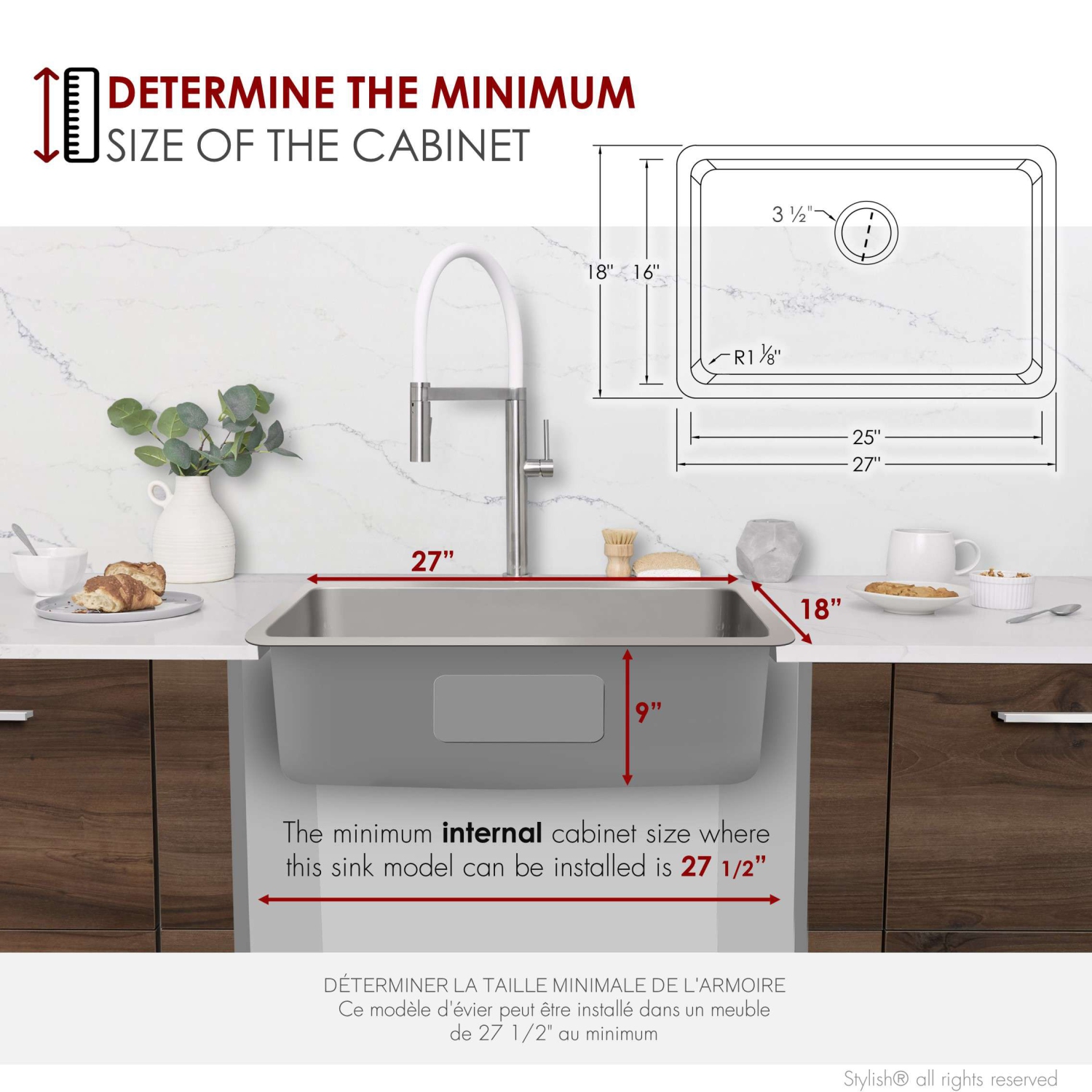 Stylish Dual-Mount 27" Stainless Steel Single Bowl Kitchen Sink with grid and strainer S-406TG