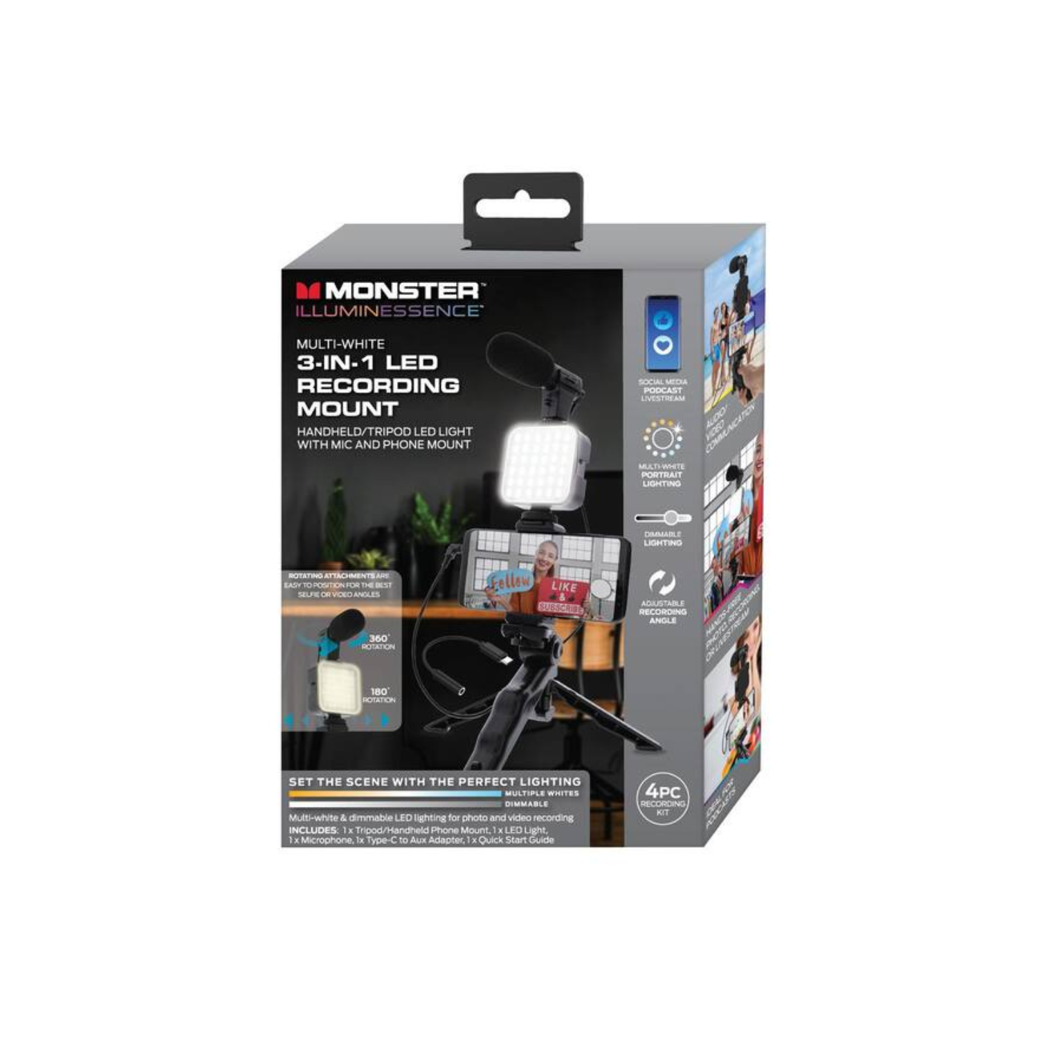 Monster – Support d’enregistrement vidéo DEL pour téléphone intelligent MSV7-1002-MWT, pour blogues vidéo/diffusions en direct/médias sociaux