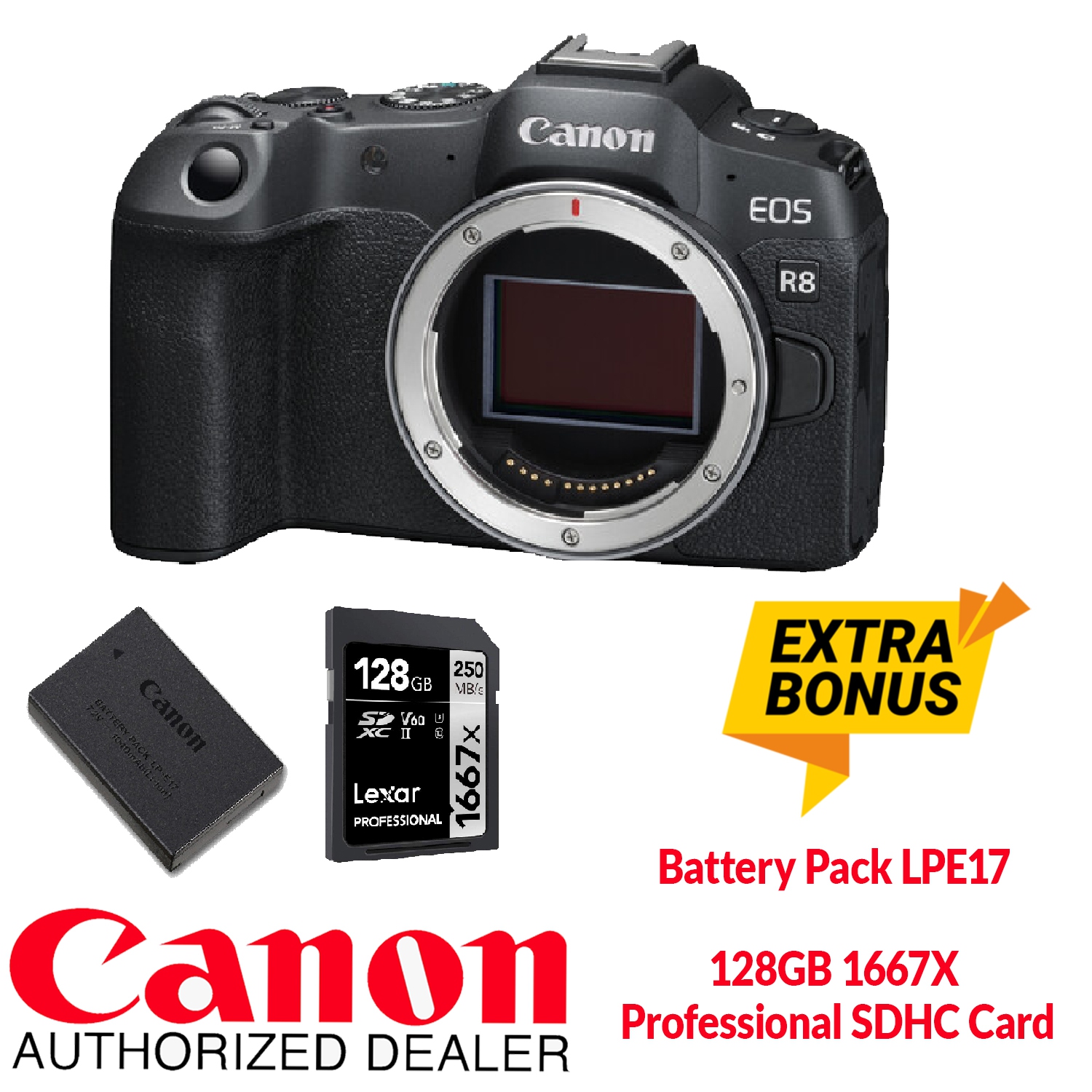 Canon EOS R8 Mirrorless Camera Body. BONUS Battery Pack LPE17+128GB Card. Canon Canon Authorized