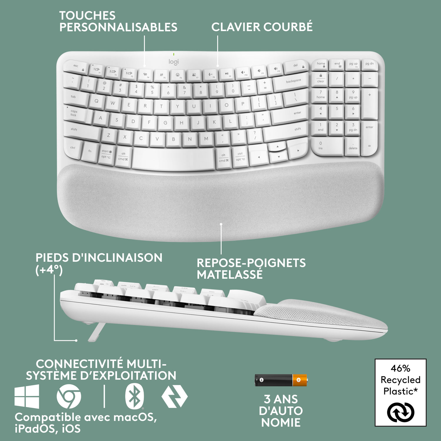 Logitech Wave Keys Wireless Ergonomic Keyboard - Off-White