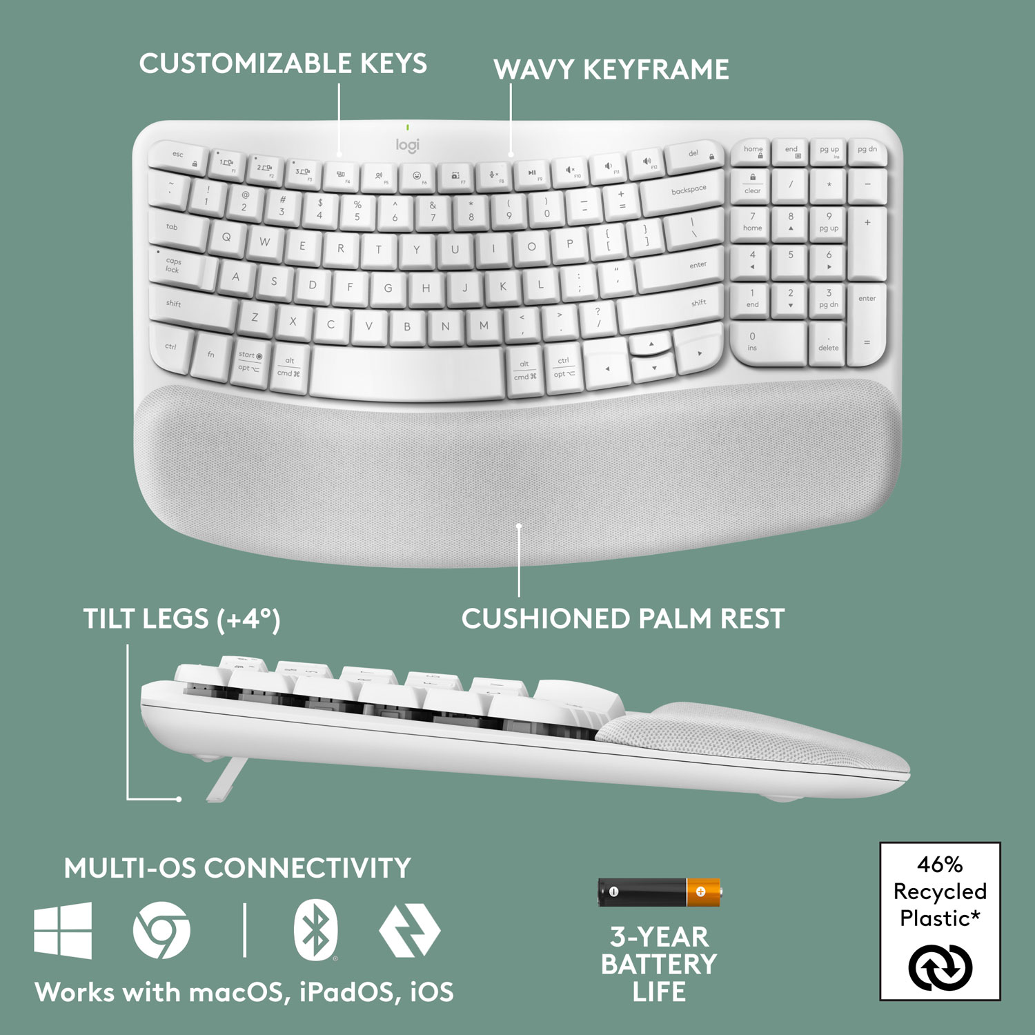 Logitech Wave Keys Wireless Ergonomic Keyboard - Off-White