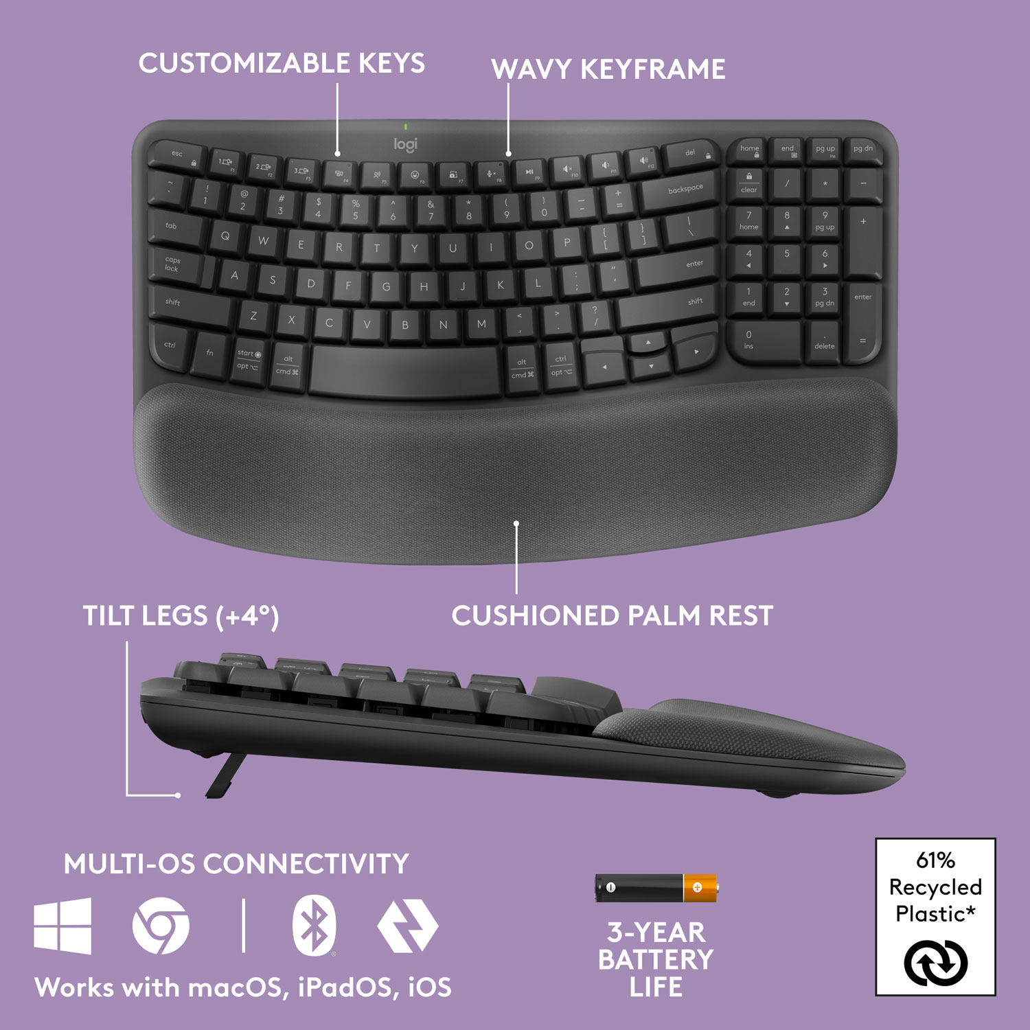 Clavier ergonomique sans fil Wave Keys de Logitech - Graphite
