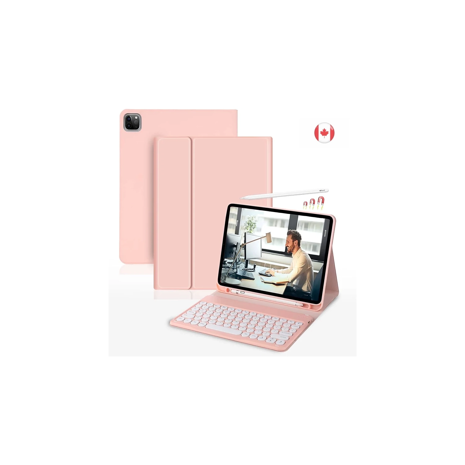Detachable Wireless Bluetooth Keyboard Case for iPad Pro 11 Inch 2022/2021/2020/2018 - Smart Protective Cover with Pencil Holder - Pink