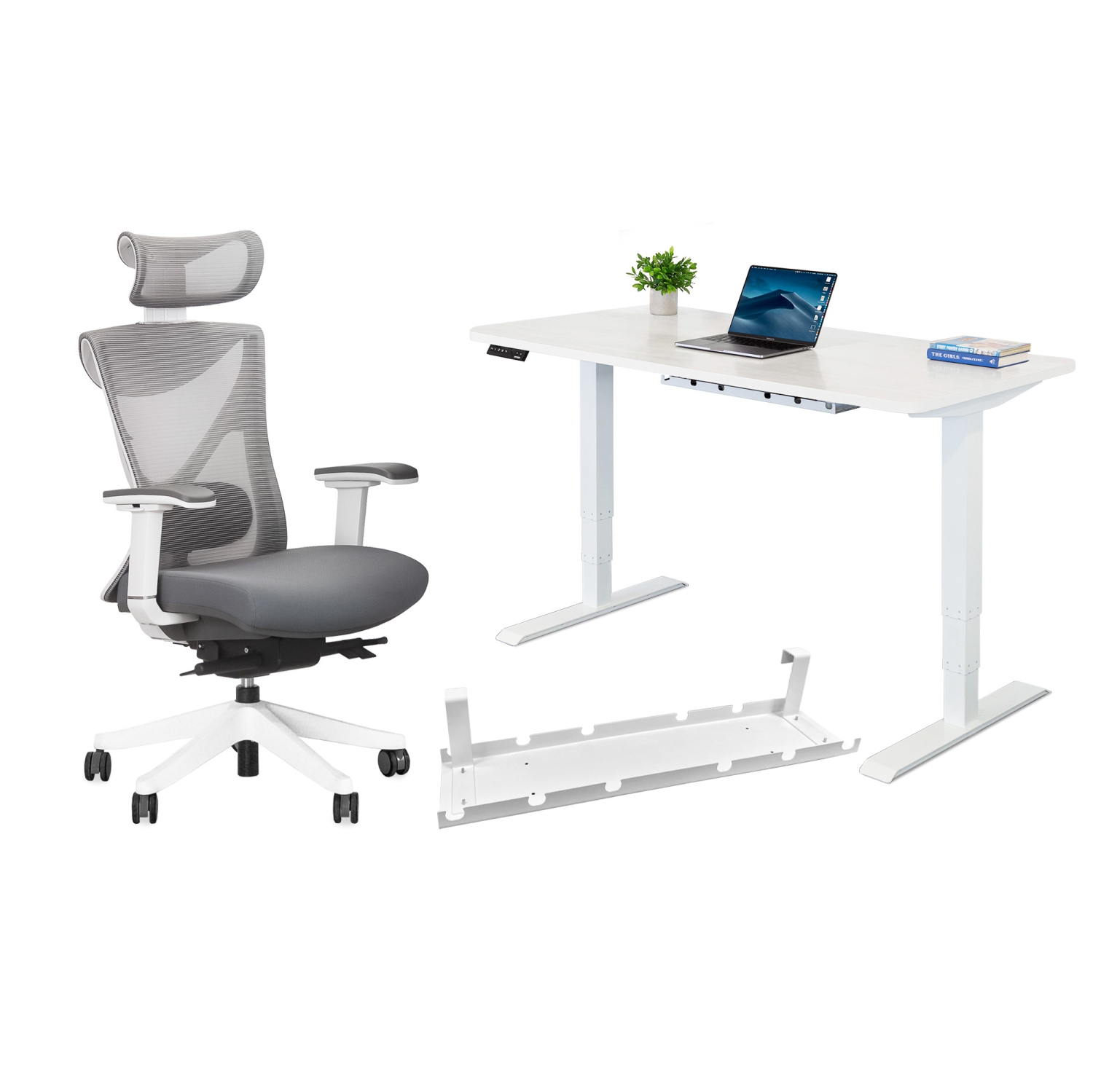 EFFYDESK BUSINESS BUNDLE: Height Adjustable Computer Standing Desk Small Oak White on Business White Frame + KaiChair Adjustable Ergonomic Office