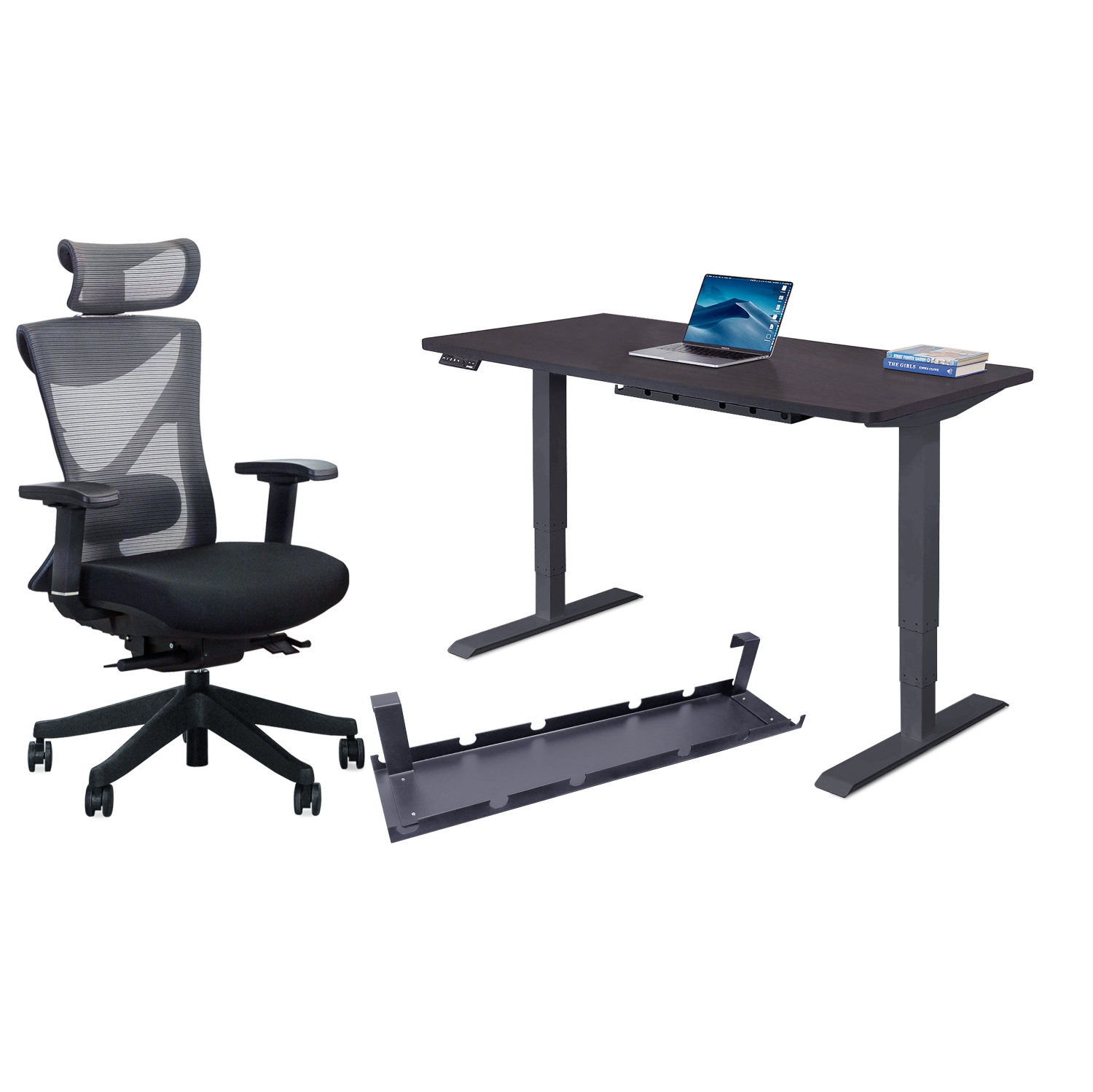 EFFYDESK BUSINESS BUNDLE: Height Adjustable Computer Standing Desk Small Oak Black on Business Black Frame + KaiChair Adjustable Ergonomic Office