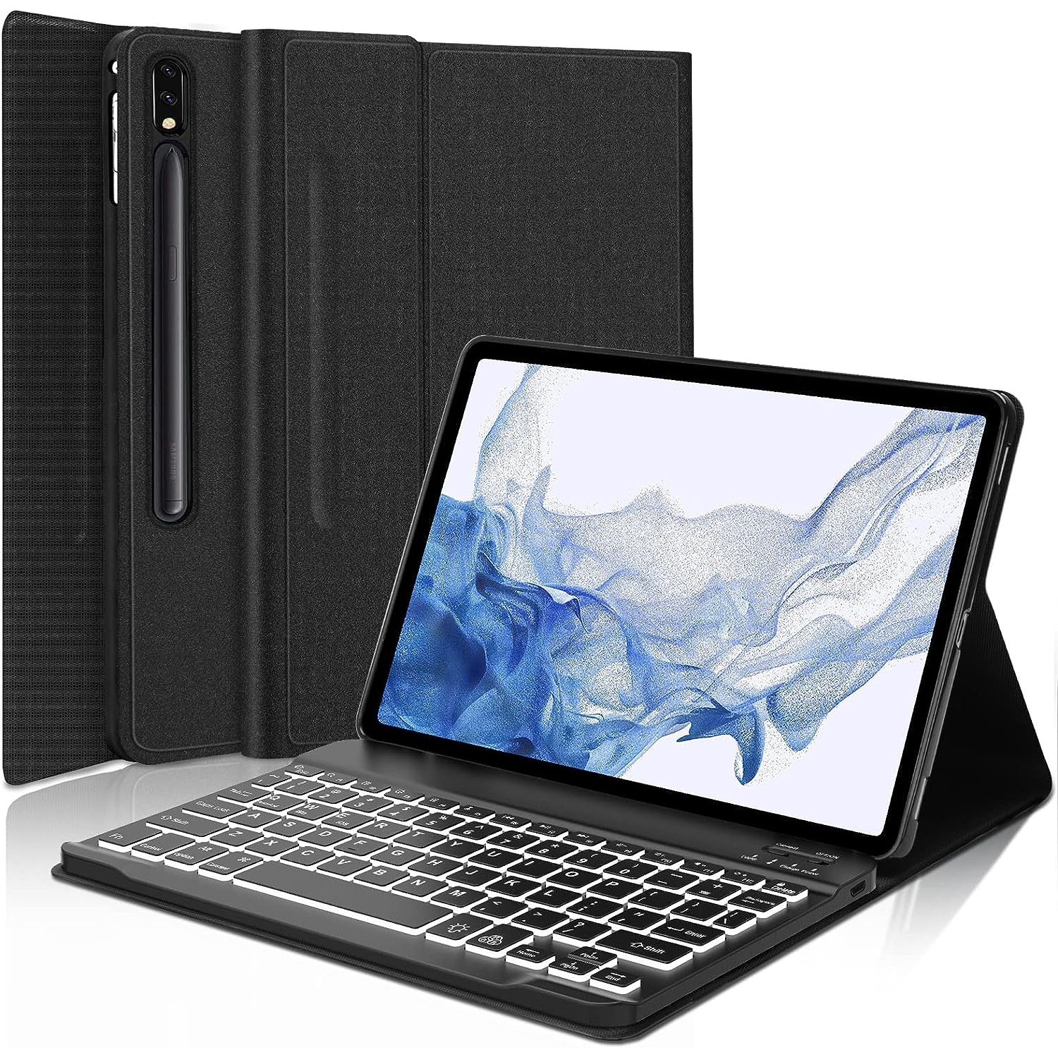 Keyboard Case for Samsung Galaxy Tab S8 Ultra 14.6 Inch 2022 with S Pen Holder, Backlight Detachable Wireless Keyboard & PU Folio Stand Cover Case for SM-X900 / SM