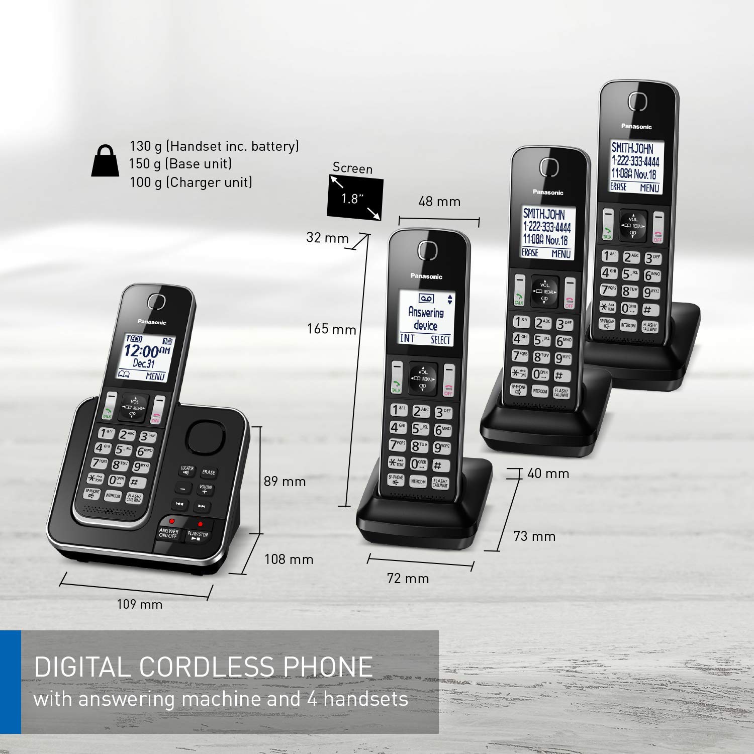 Panasonic KXTGD394B DECT 6.0 4-Handset Cordless Phone with Answering Machine, Black