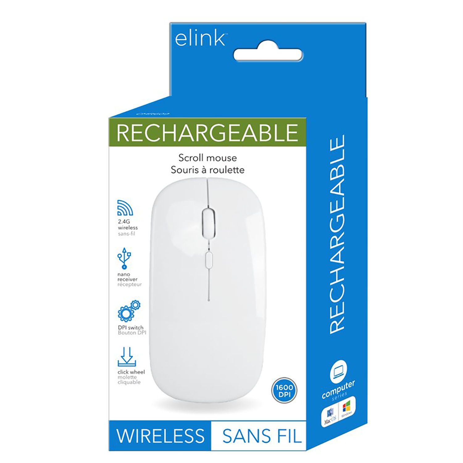 Elink CMR609 - Wireless Rechargeable Scroll Mouse, 1600DPI, 2.4Ghz, White