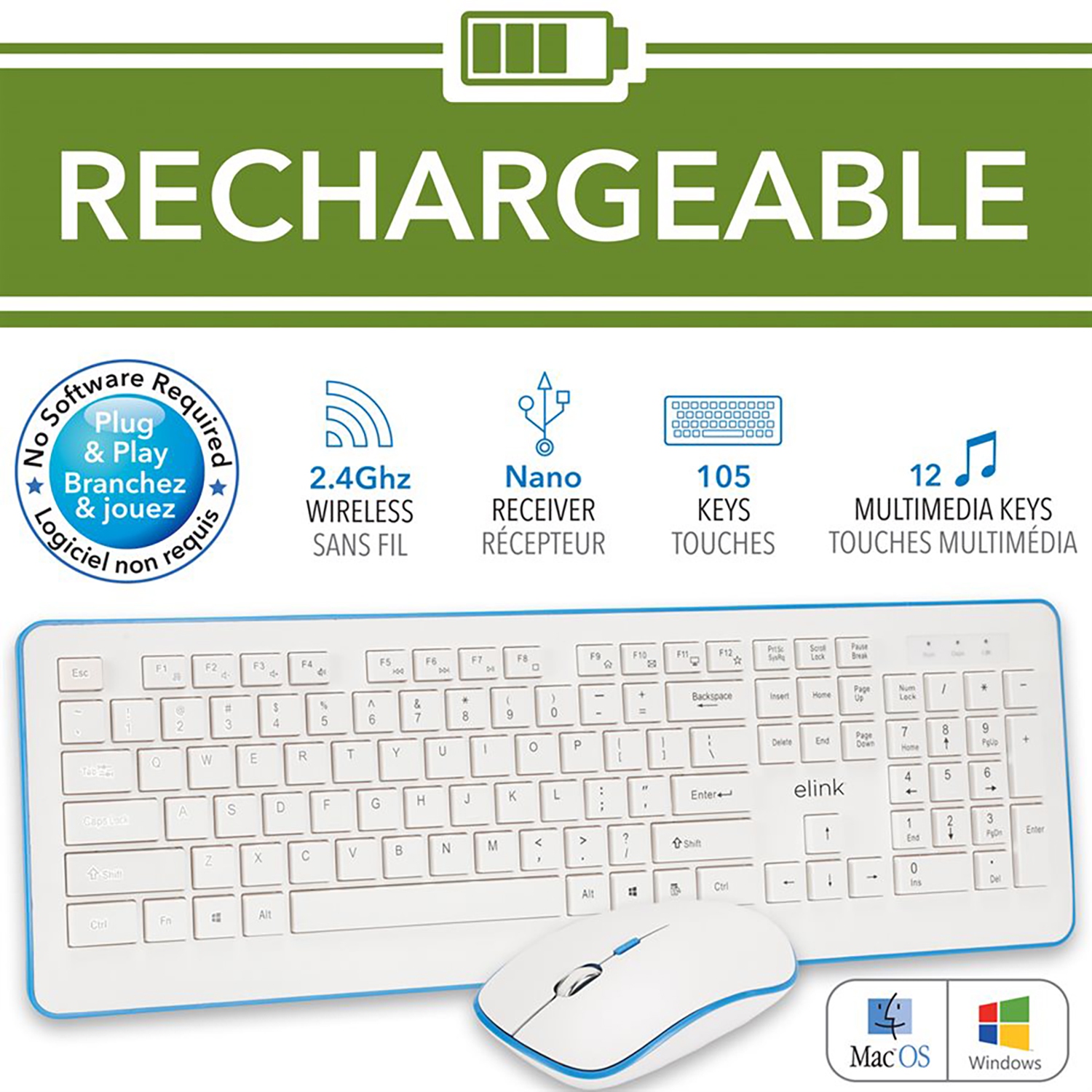 Elink KBR630 - Wireless Keyboard and Mouse Set, Rechargeable, 2.4GHz, White