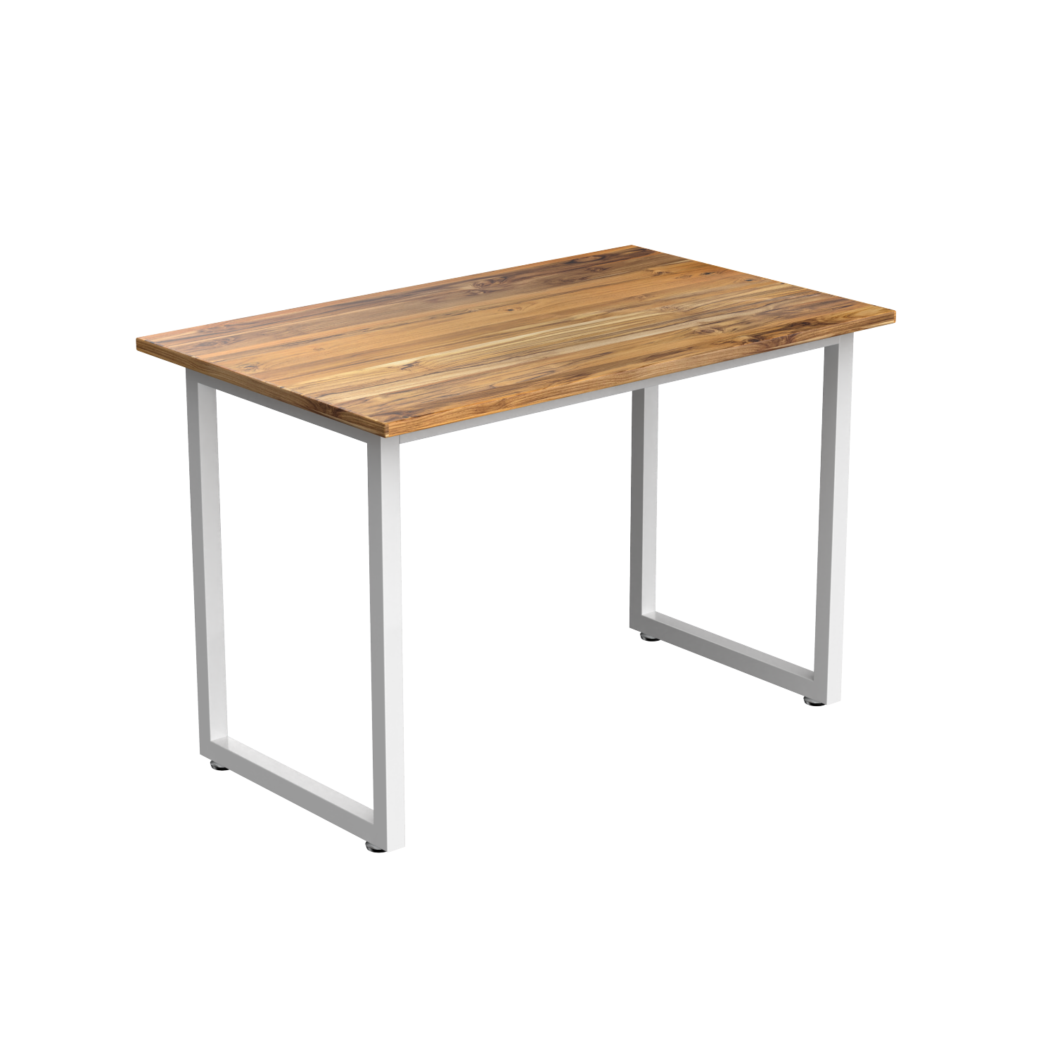Desky Fixed Office Side Table - Teak Top, White Frame, Sturdy Steel, Adjustable Feet