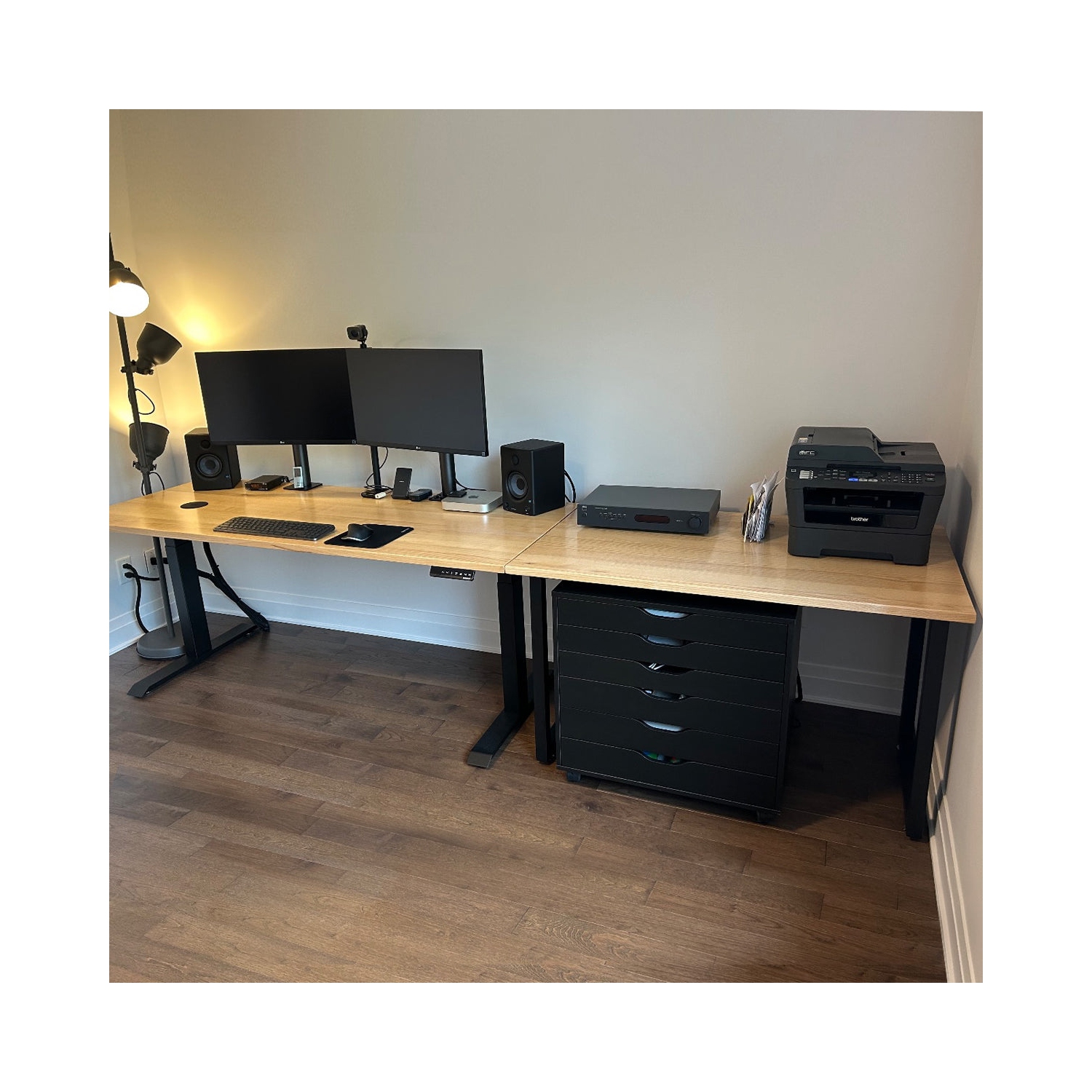 Desky Fixed Office Side Table - Teak Top, White Frame, Sturdy Steel, Adjustable Feet