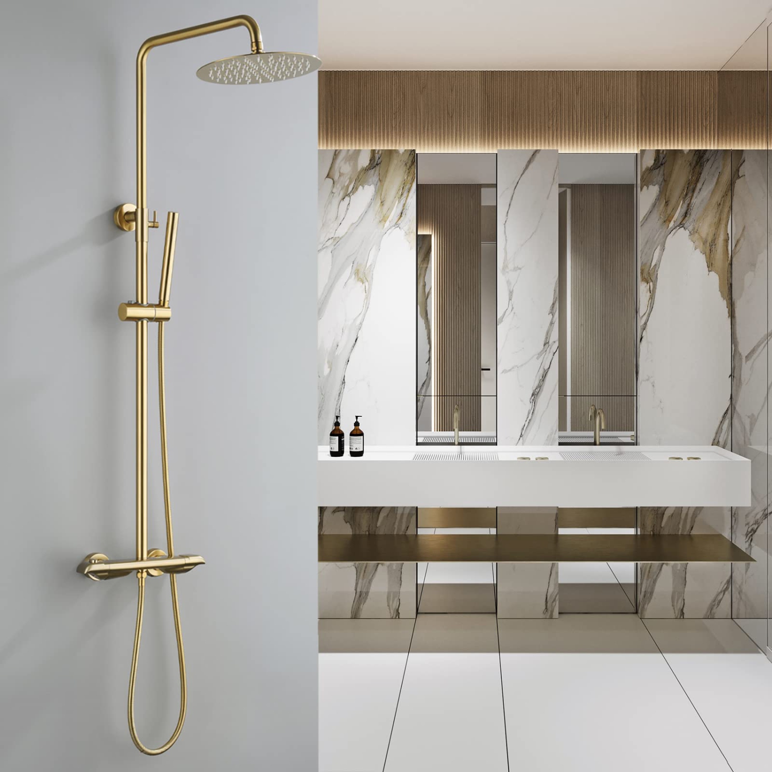 Open Box - RBROHANT Exposed Gold Shower System with Brass Thermostatic Shower Valve, Exposed Shower Faucet Set with Height Adjustable 10 Inch Rain