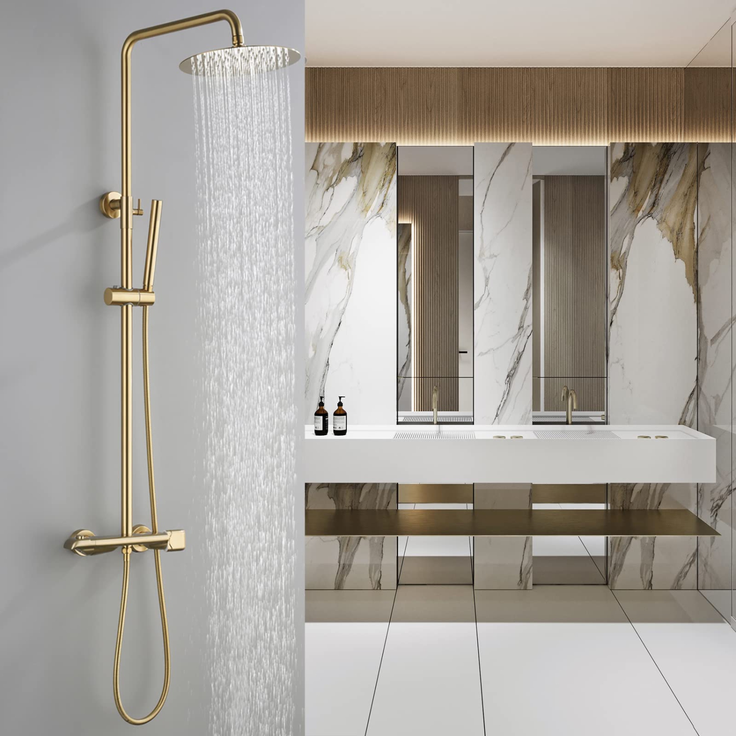 Open Box - RBROHANT Exposed Gold Shower System with Brass Thermostatic Shower Valve, Exposed Shower Faucet Set with Height Adjustable 10 Inch Rain