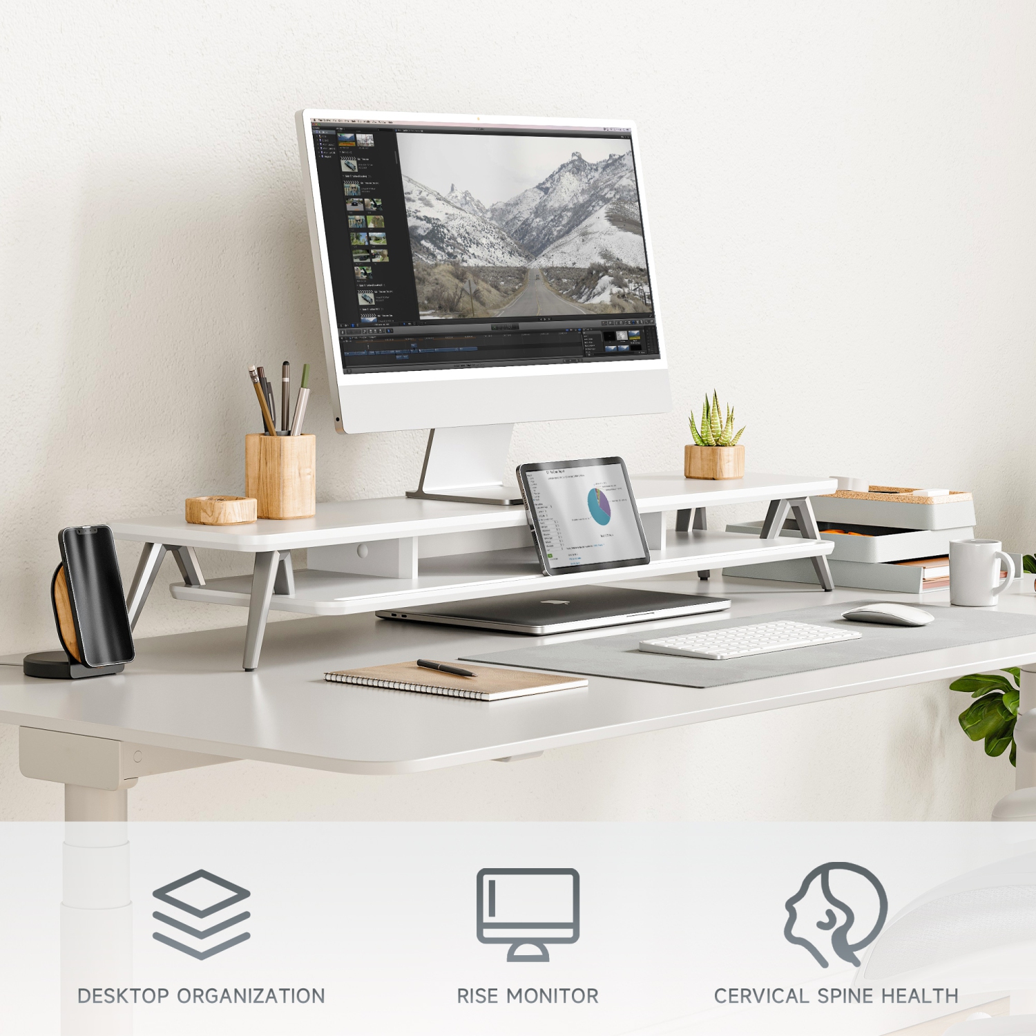 Support pour deux moniteurs de Fenge, support pour moniteur pour 2 moniteurs, tablette de bureau en bois de 42,5 po avec rangement et organisation