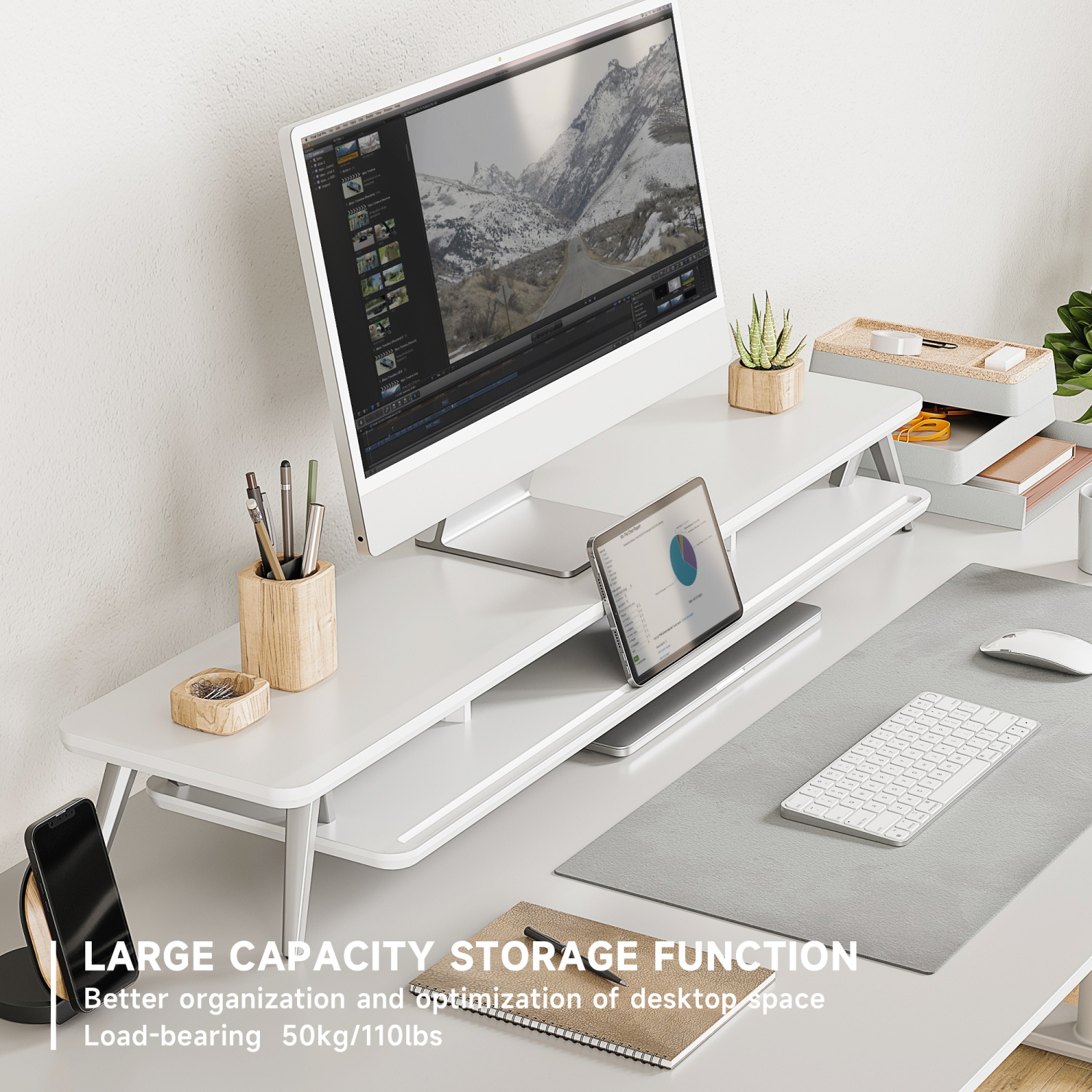 Support Double écran Bureau Avec 2 Tiroirs - Largeur 100cm, Hauteur 10cm, Capacité 50kg - En Bois MDF, Rangement Organisé Pour Bureau à Domicile