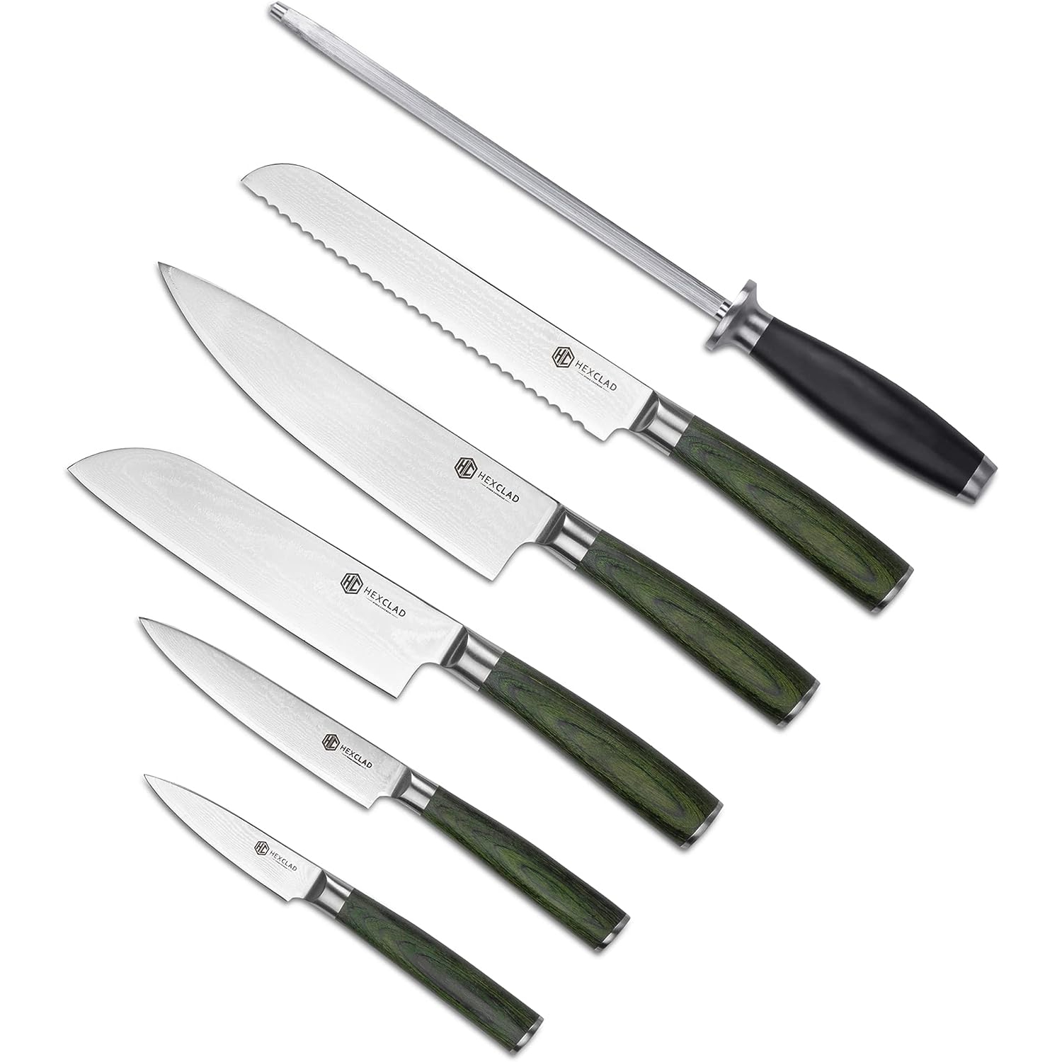 HexClad Cookware 6 Piece Essential Knives Set, Damascus Stainless Steel Blades with Full Tang Pakkawood Handles