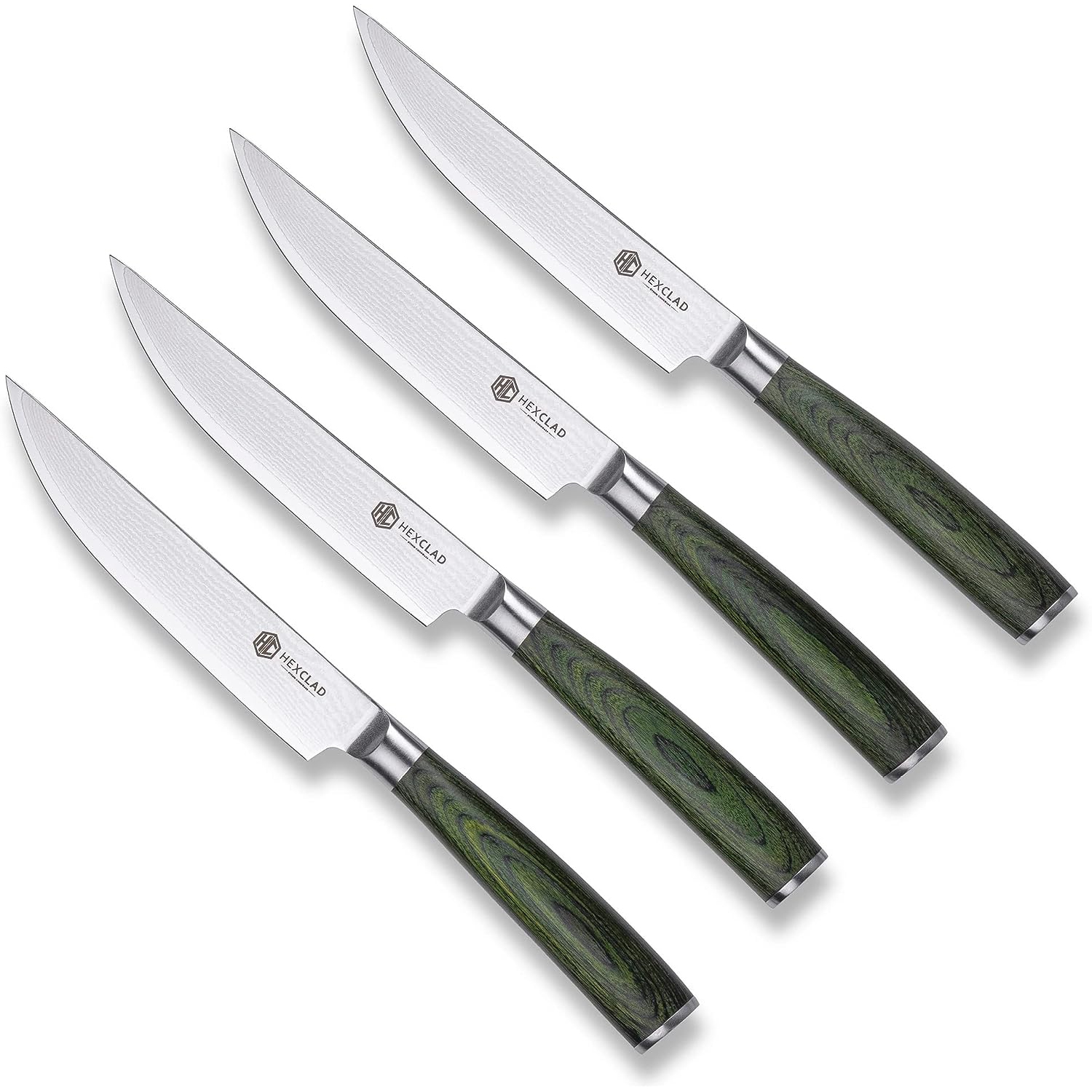 HexClad Cookware 4 Piece Steak Knife Set, Damascus Stainless Steel Blades with Full Tang Pakkawood Handles