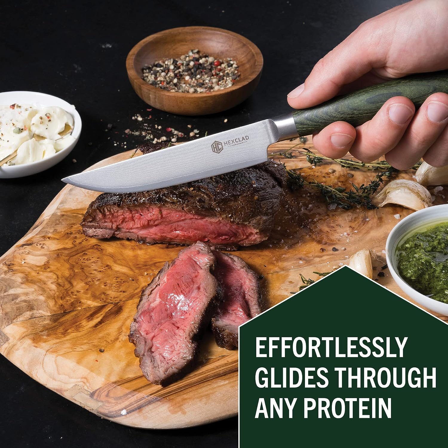 HexClad Cookware 4 Piece Steak Knife Set, Damascus Stainless Steel Blades with Full Tang Pakkawood Handles