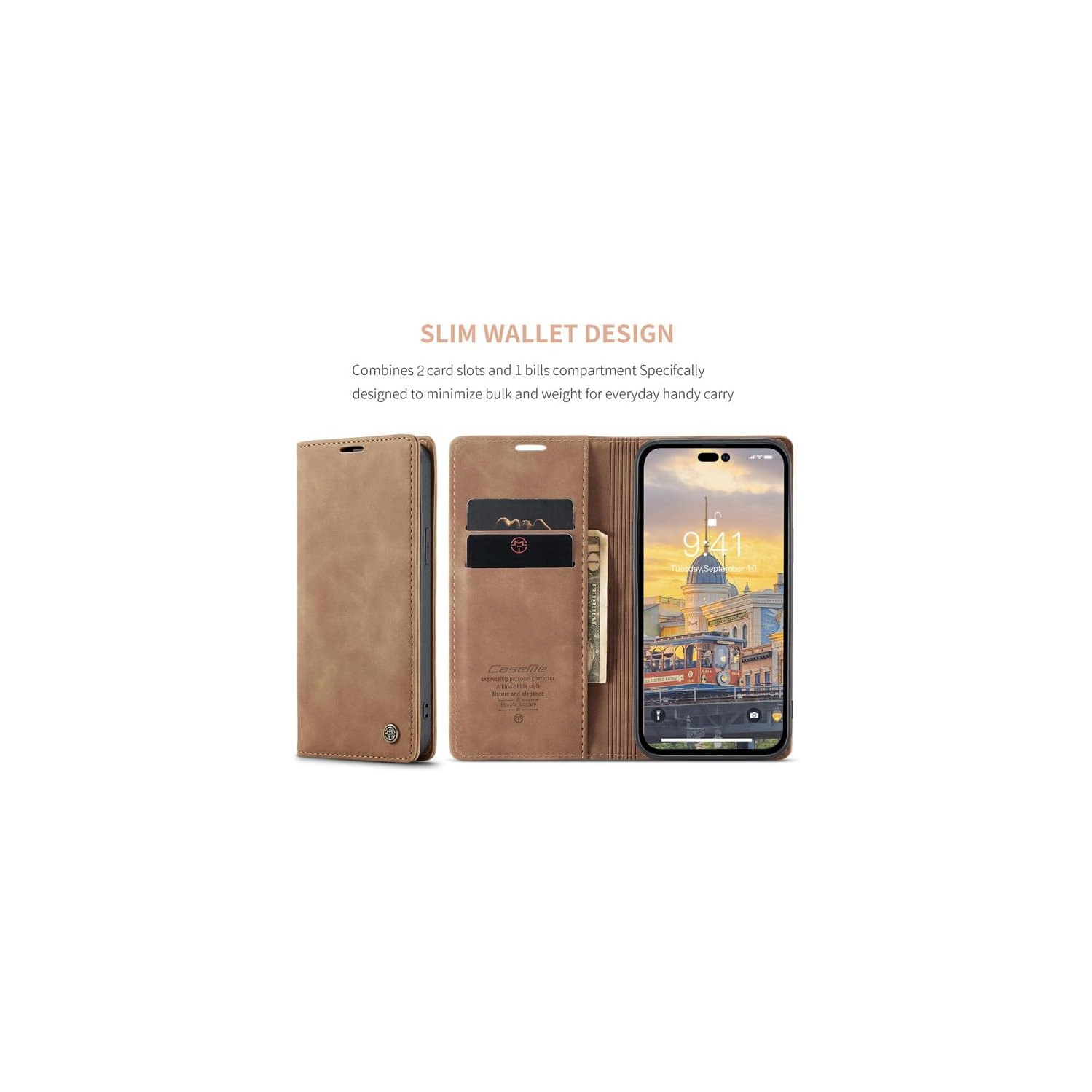 CaseMe pour iPhone 15 PLUS, étui-portefeuille en cuir souple pu étui à rabat magnétique avec étui en cuir, fentes pour carte de crédit et pour carte