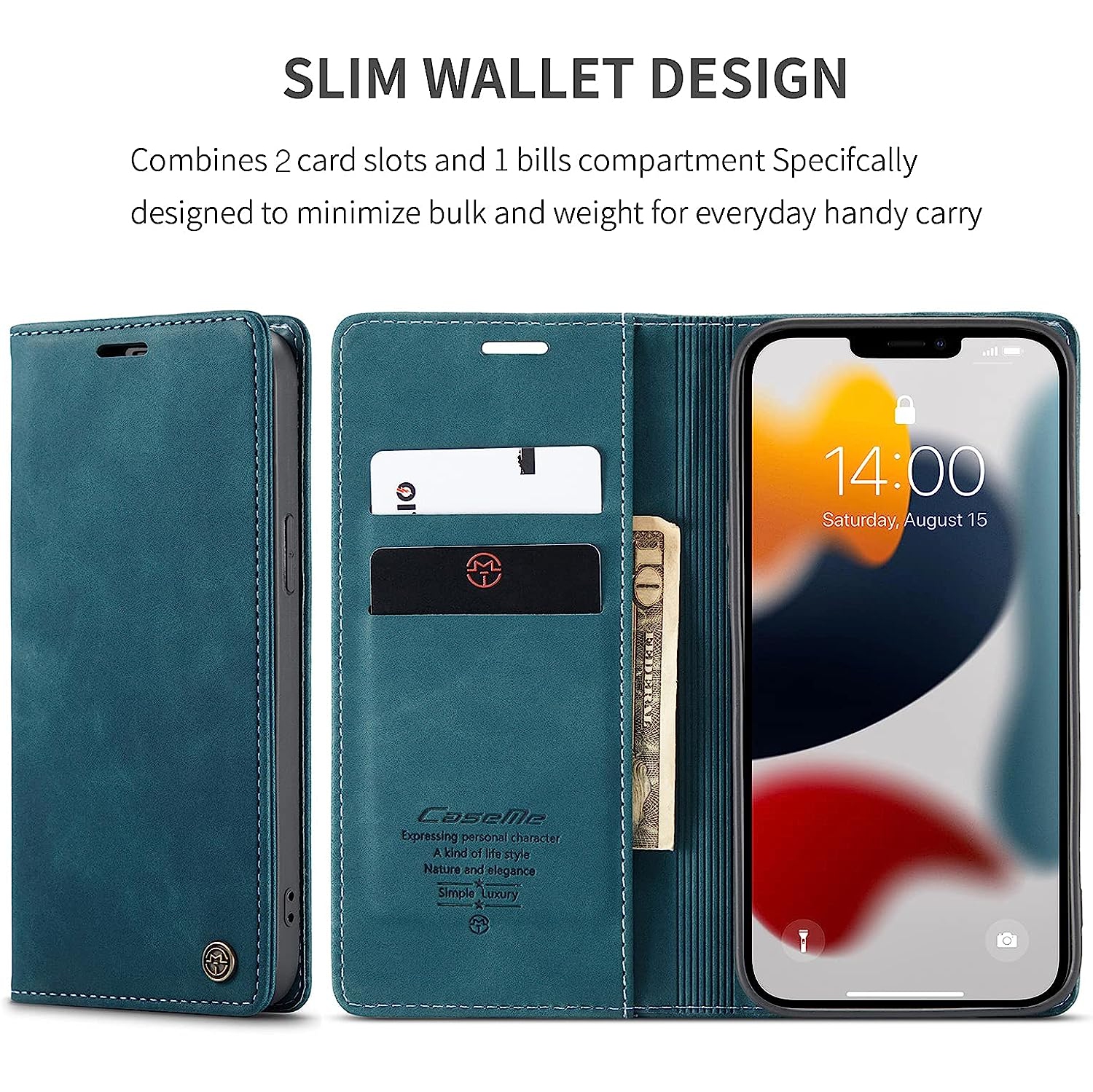 CaseMe pour iPhone 15 PLUS, étui-portefeuille en cuir souple pu étui à rabat magnétique avec étui en cuir, fentes pour carte de crédit et pour carte