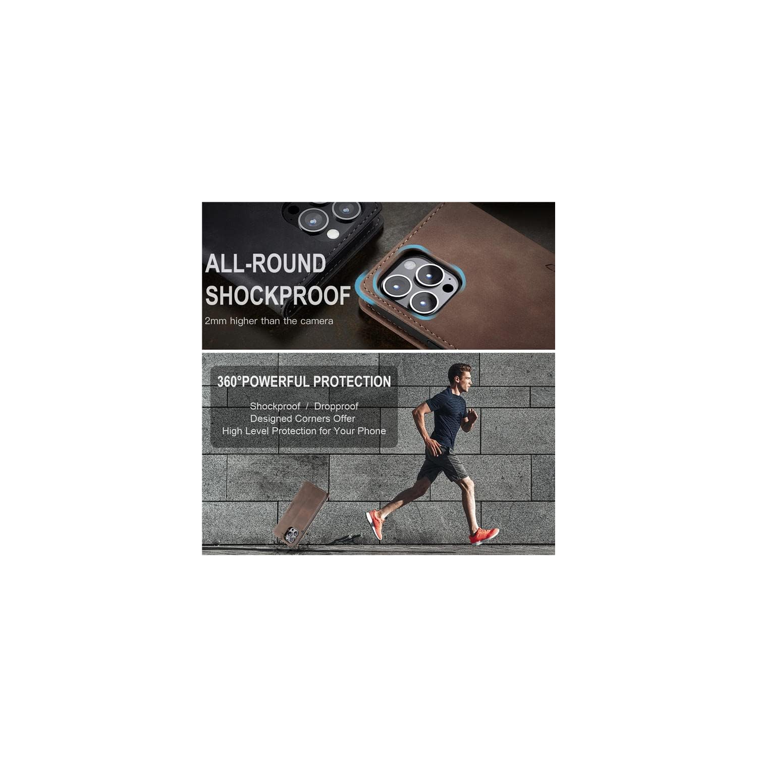 CaseMe pour iPhone 15 PRO, étui portefeuille en cuir pu souple étui rabat magnétique support rabat étui protecteur en cuir avec carte d’identité et