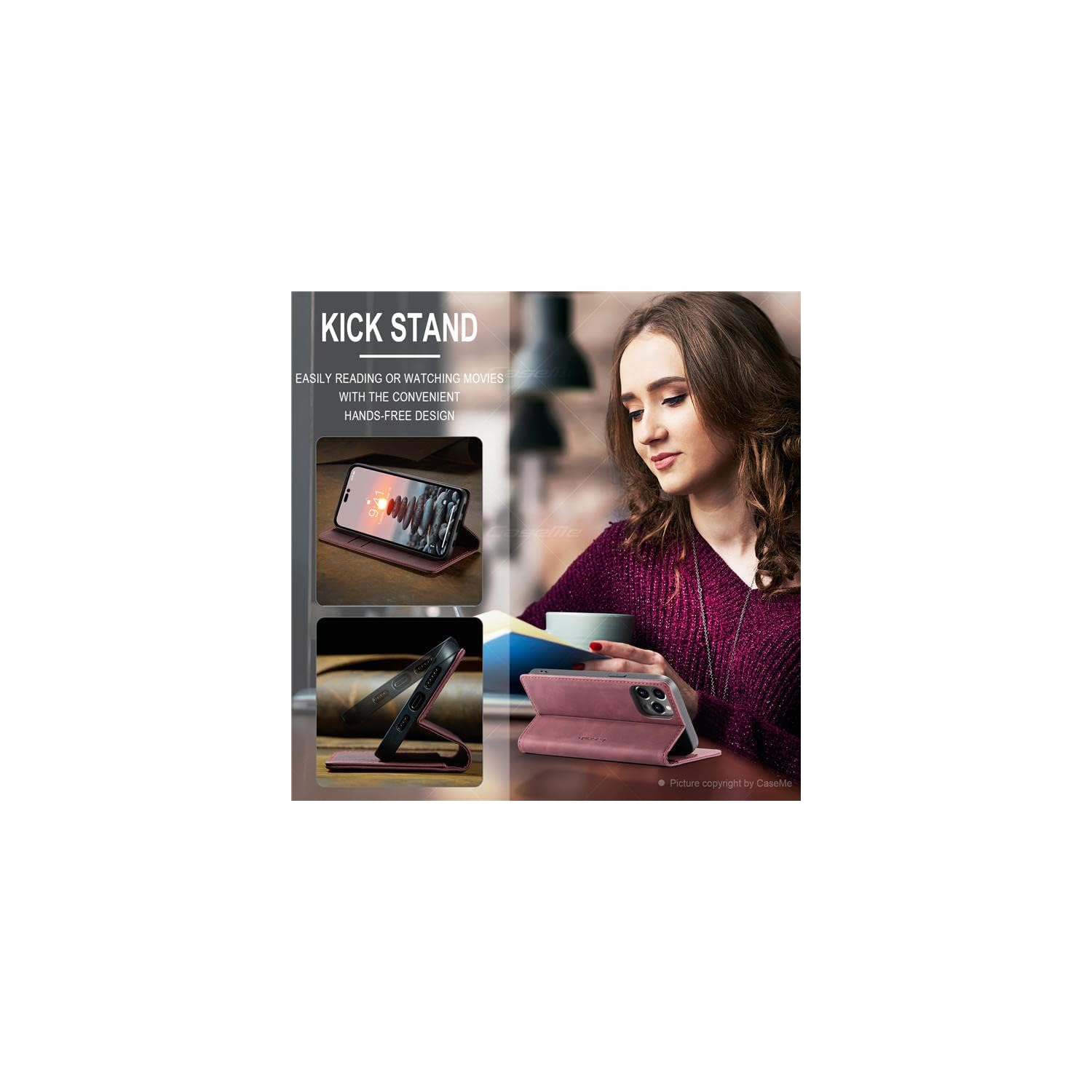 CaseMe pour iPhone 15 PRO, étui portefeuille en cuir pu souple étui rabat magnétique support rabat étui protecteur en cuir avec carte d’identité et