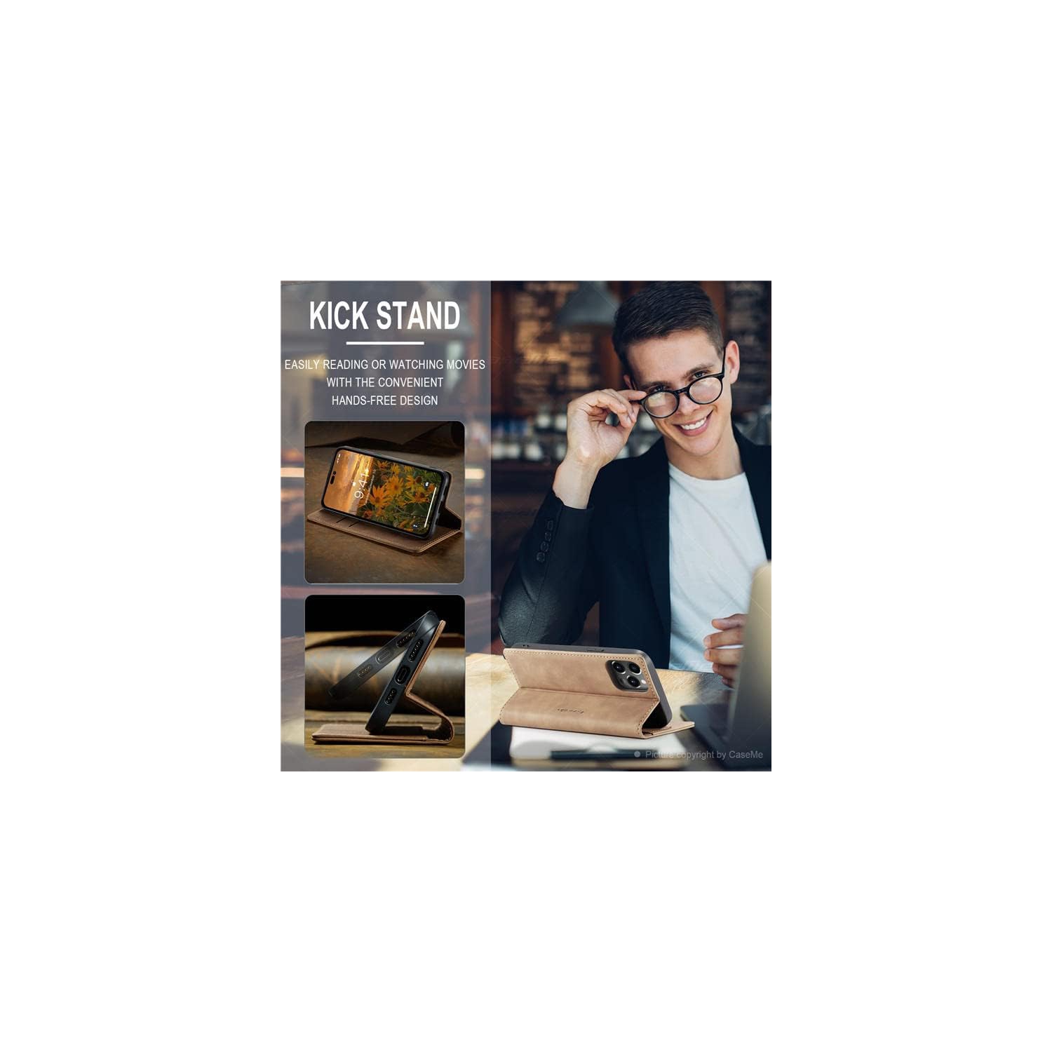 CaseMe pour iPhone 15 PRO, étui portefeuille en cuir pu souple étui rabat magnétique support rabat étui protecteur en cuir avec carte d’identité et