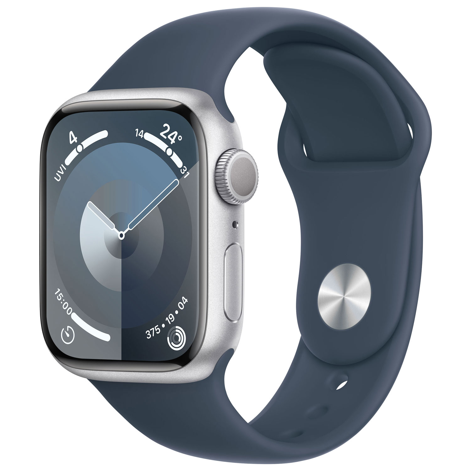 Apple Watch Series 9 (GPS) 41mm Silver Aluminium Case with Storm Blue Sport Band - Small / Medium 130-180mm