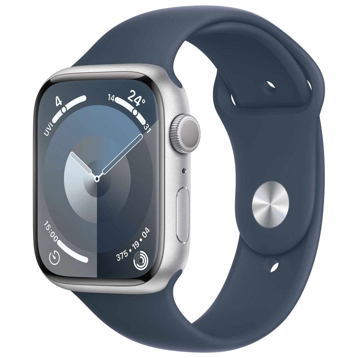 Apple Watch Series 9 (GPS) 45mm Silver Aluminium Case with Storm Blue Sport Band - Medium / Large 160-210mm