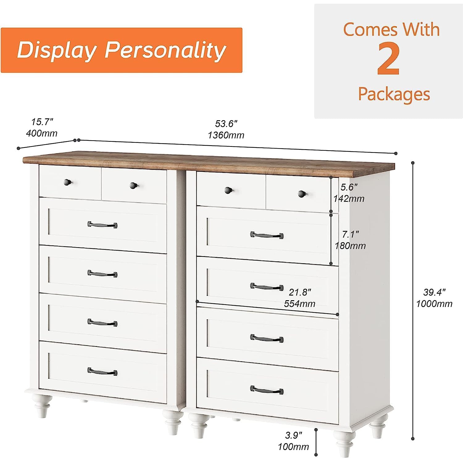 WAMPAT – Commode pour chambre d’enfant avec 10 tiroirs, commodes hautes blanches avec large commode pour salon, chambre de bébé, couloir