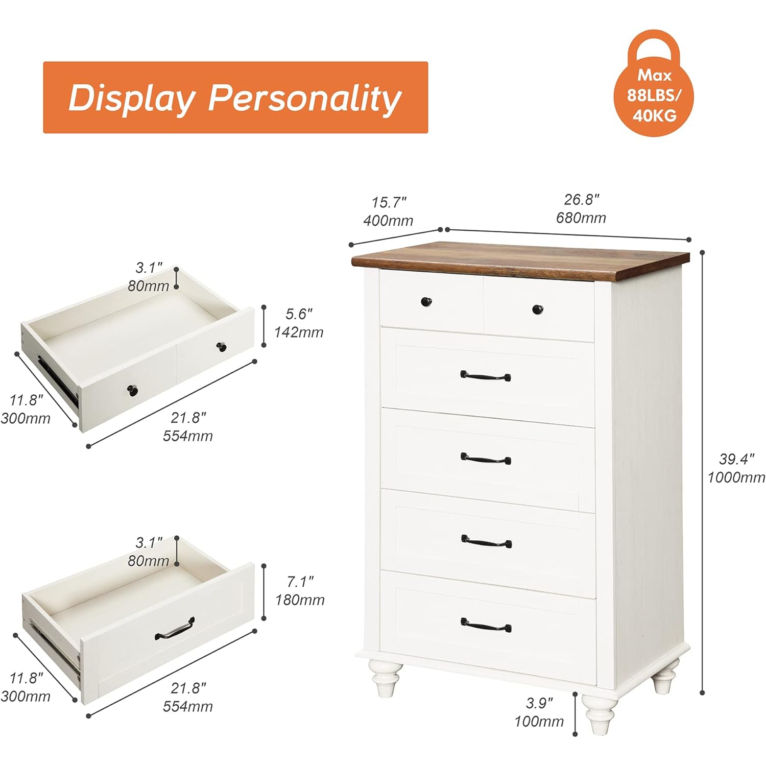 WAMPAT – Commode blanche pour chambre à coucher avec 5 tiroirs, grands commodes pour enfants avec large commode pour le salon, chambre de bébé,