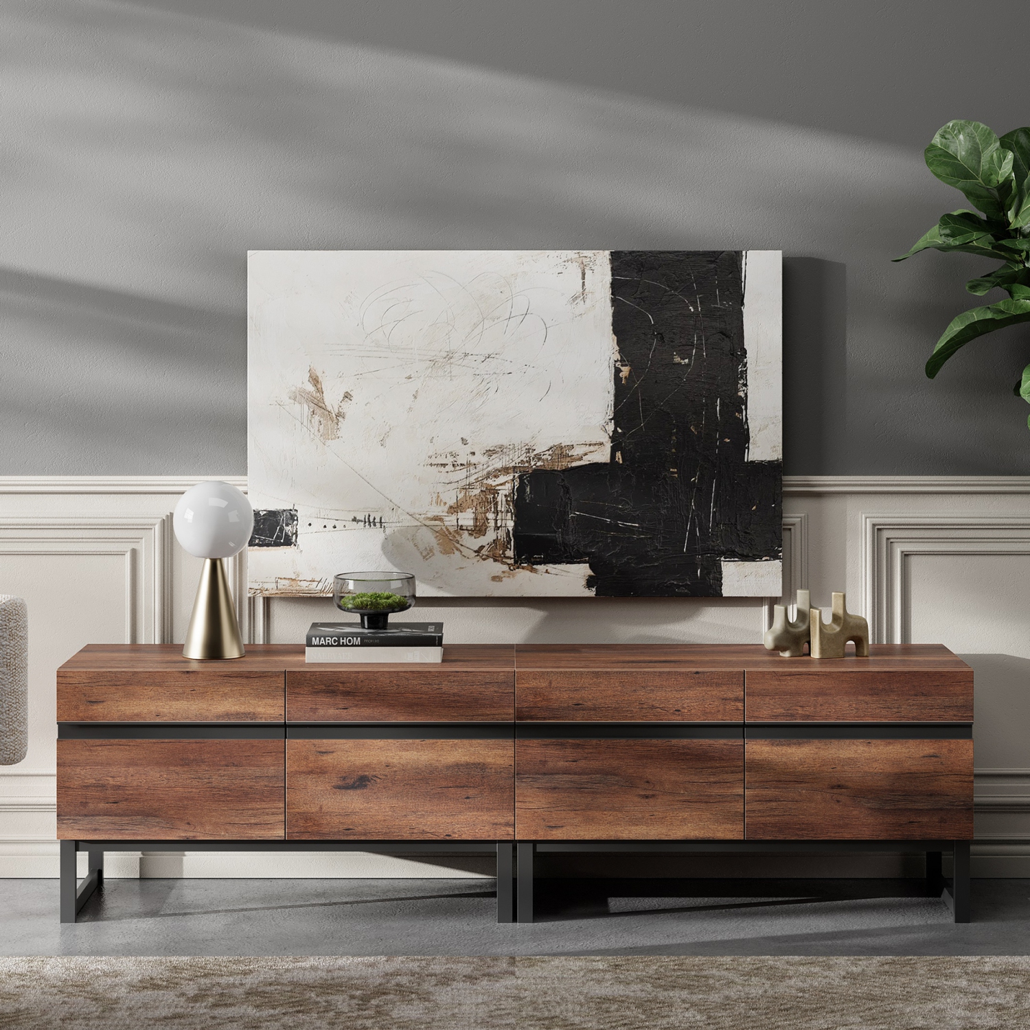 WAMPAT Modern TV Stand for TVs up to 75 inch, 2 in 1 Entertainment Center TV Console with Storage Cabinets and Metal Base for Living Room, Brown