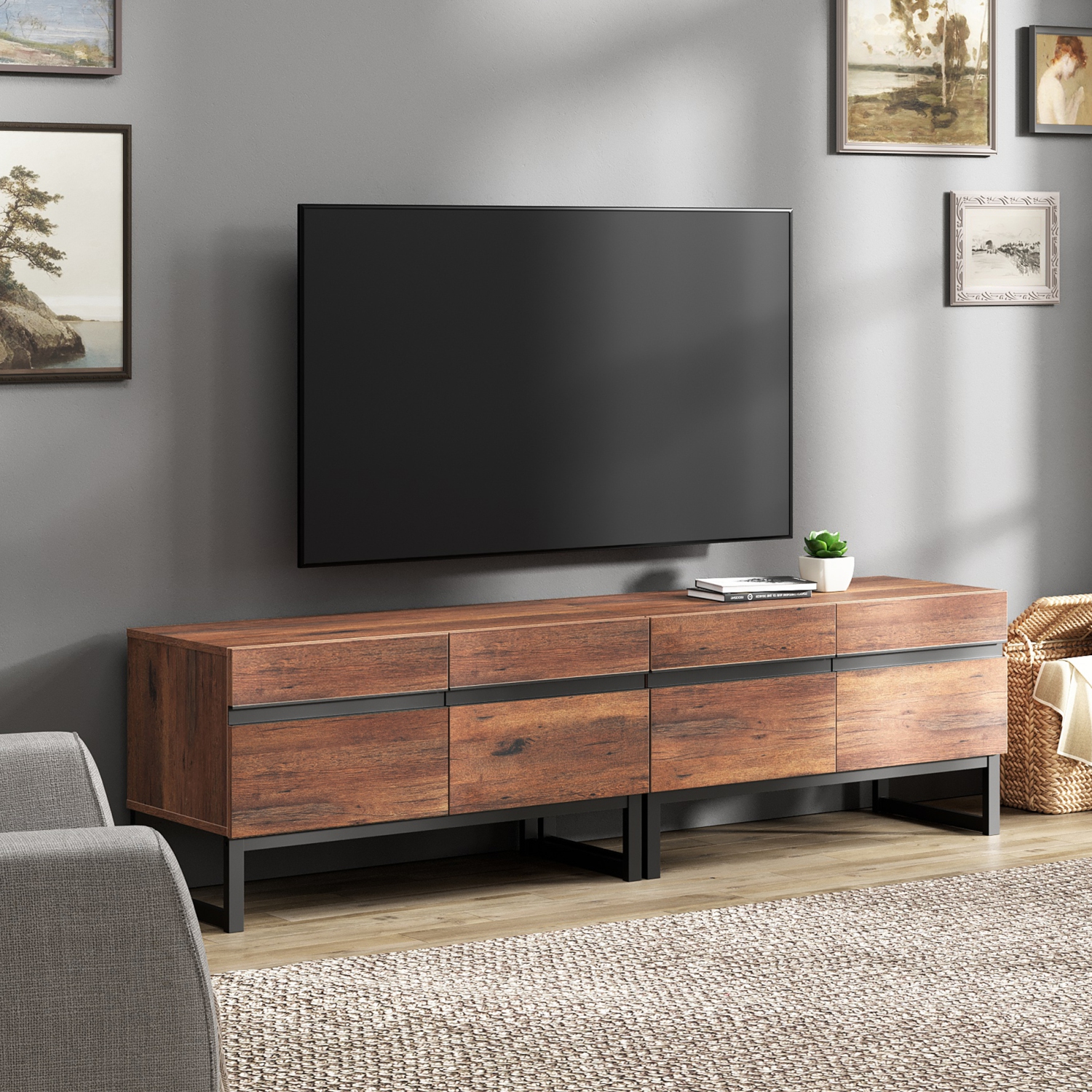 WAMPAT Modern TV Stand for TVs up to 75 inch, 2 in 1 Entertainment Center TV Console with Storage Cabinets and Metal Base for Living Room, Brown