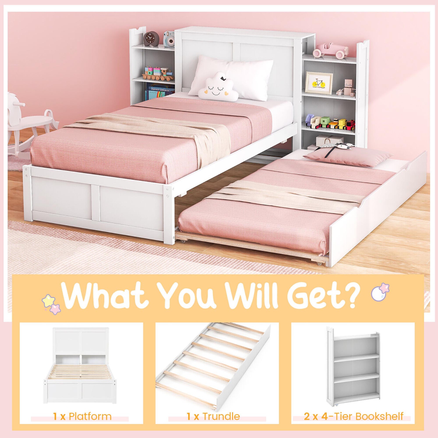 Gymax Full/Twin Wooden Platform Bed with Trundle Storage Headboard Pull Out Shelves White
