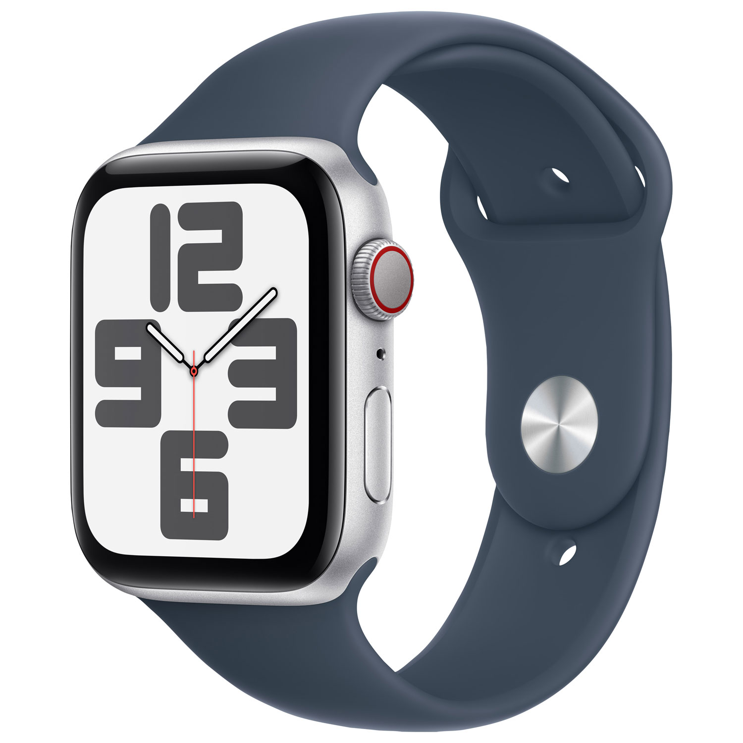 Apple Watch SE (GPS + Cellular) 44mm Silver Aluminum Case with Storm Blue Sport Band - Small / Medium