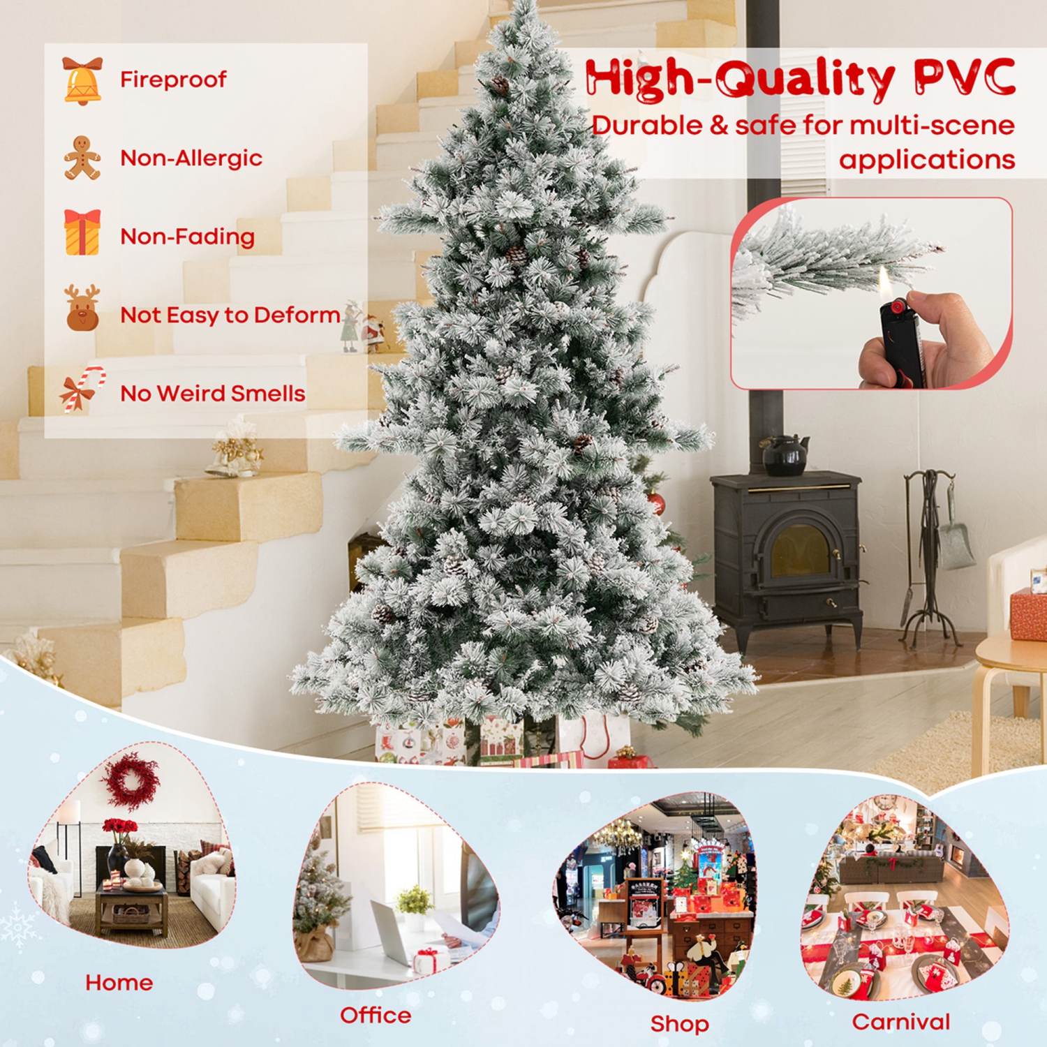 Décoration de Noël floquée de 7 pi avec 420 lumières à DEL et 1057 embouts de Costway