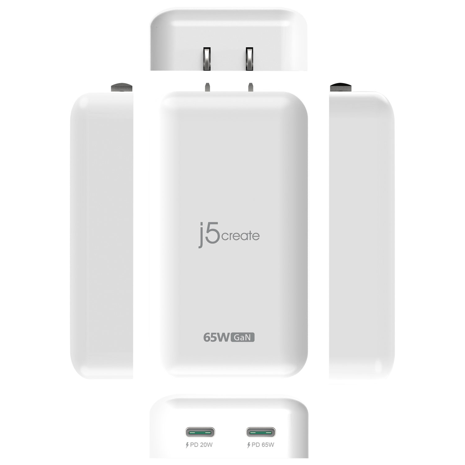 Chargeur mural mince à 2 ports USB-C de 65 W avec Power Delivery de j5create - Blanc