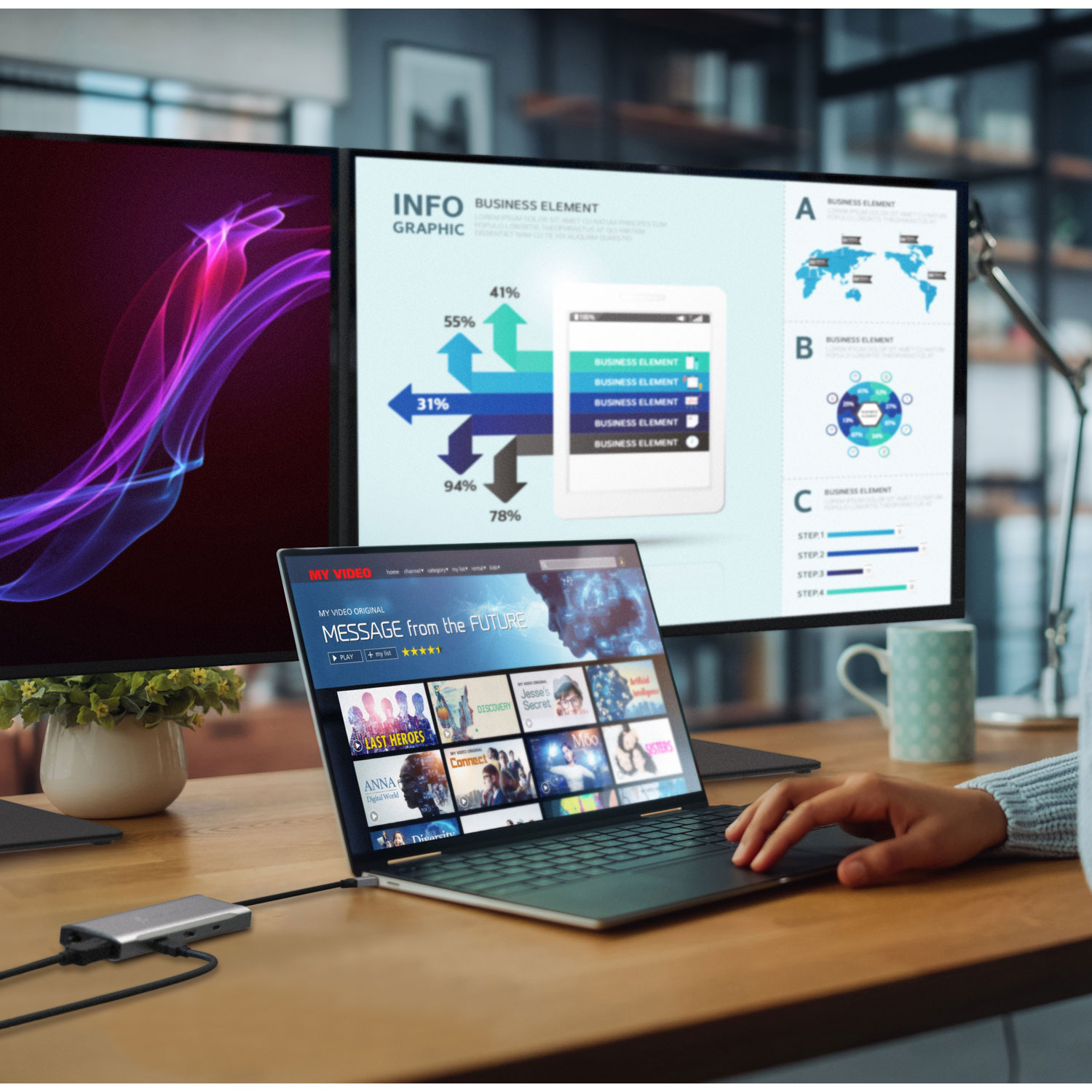 Mini station d'accueil USB-C pour trois moniteurs Elite de j5create - Gris spatial