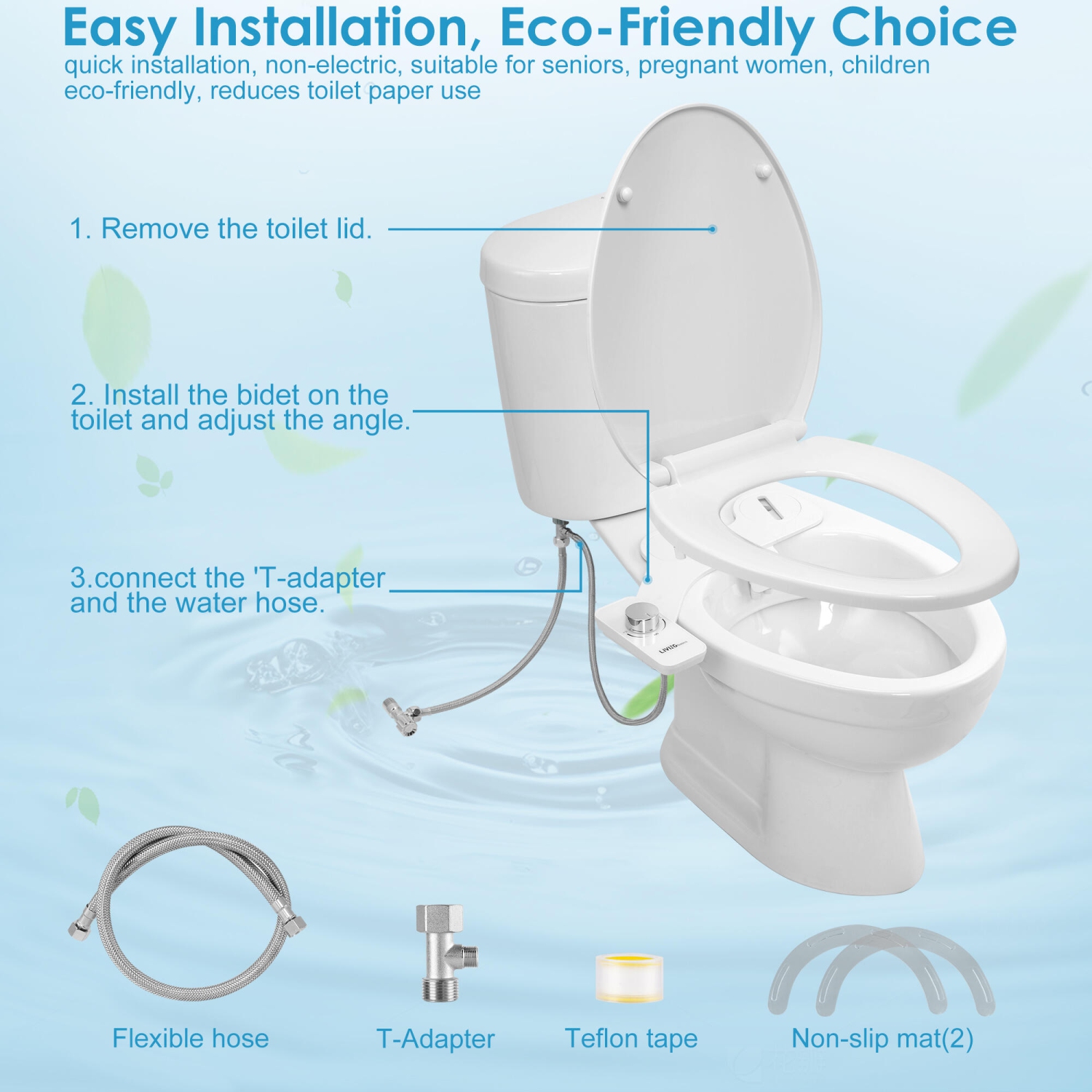 Ultra-Thin Toilet Bidet Attachment, Dual Nozzle Self Cleaning Bidet Toilet Non-Electric with Adjustable Water Pressure