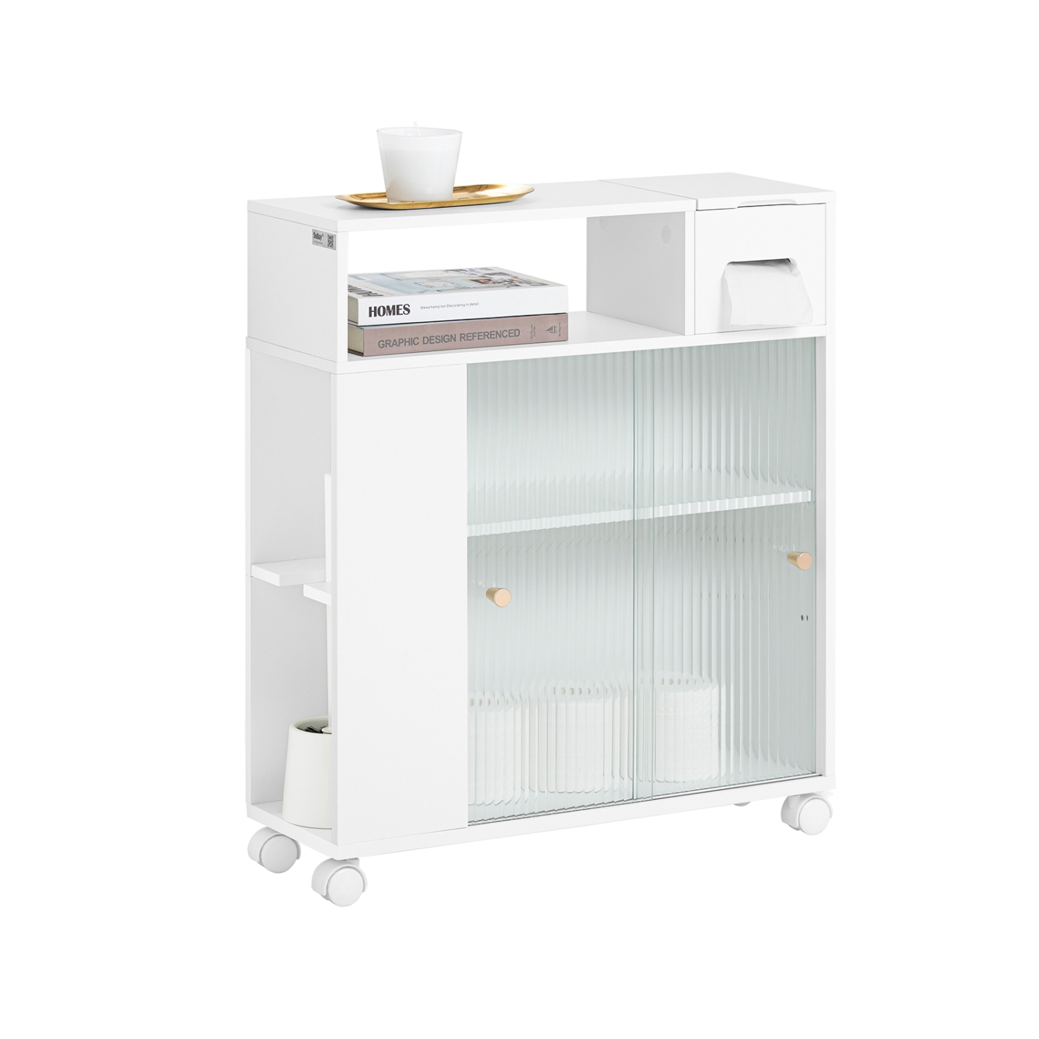 SoBuy BZR117-W, Bathroom Cabinet Storage Cabinet with 2 Sliding Glass Doors, Bathroom Toilet Paper Roll Holder On Wheels