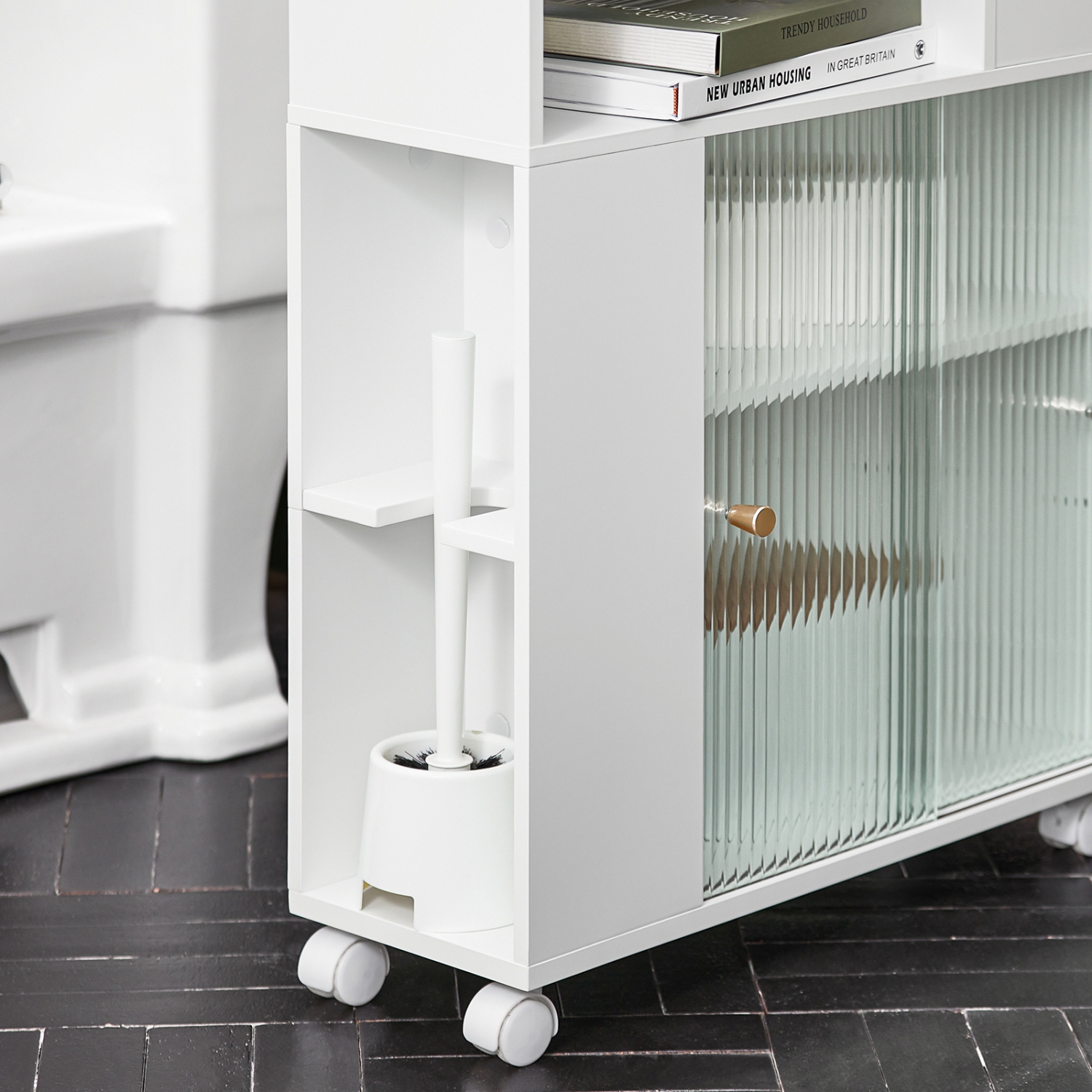 SoBuy BZR117-W, Bathroom Cabinet Storage Cabinet with 2 Sliding Glass Doors, Bathroom Toilet Paper Roll Holder On Wheels