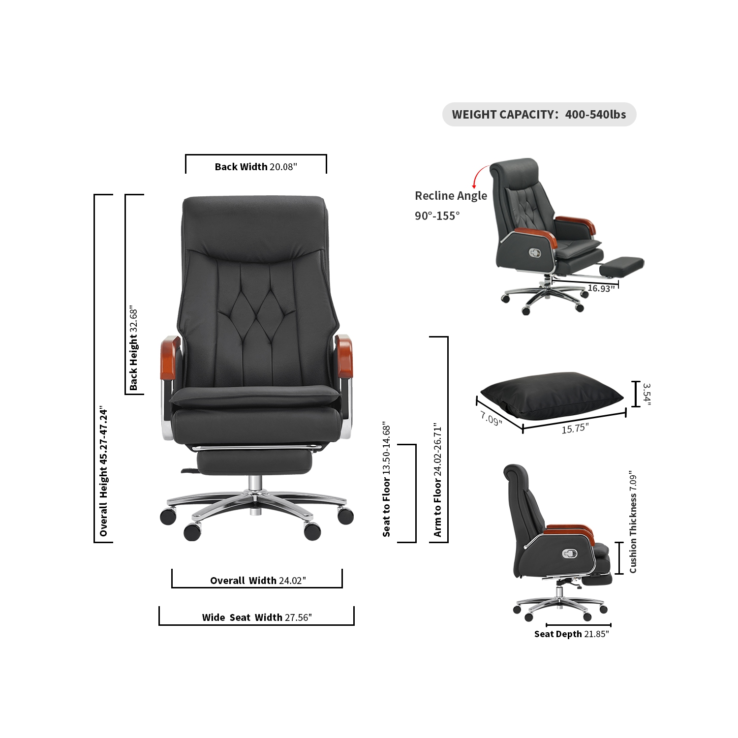 Fauteuil de direction inclinable et chauffant Kinnls Cameron en cuir véritable, repose-pieds rétractable et appuie-tête réglable